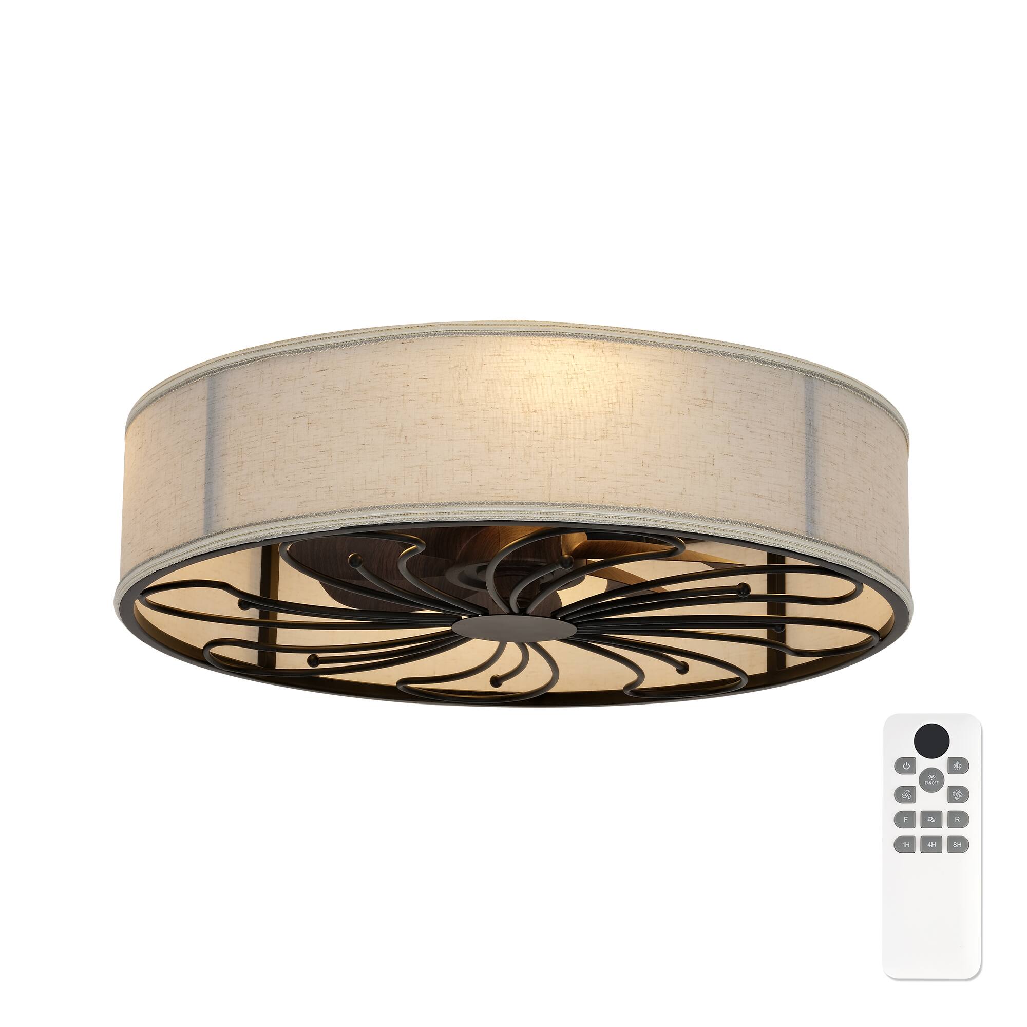 Front. JAZAVA - 20-Inch Indoor Black Low Profile Ceiling Fan with Linen Light Shade, 100-240V - Black.