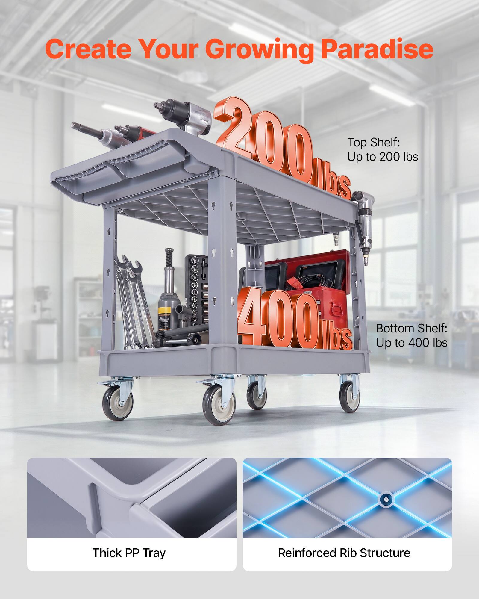 Create Your Growing Paradise

Top Shelf: Up to 200 lbs

Bottom Shelf: Up to 400 lbs

Thick PP Tray

Reinforced Rib Structure