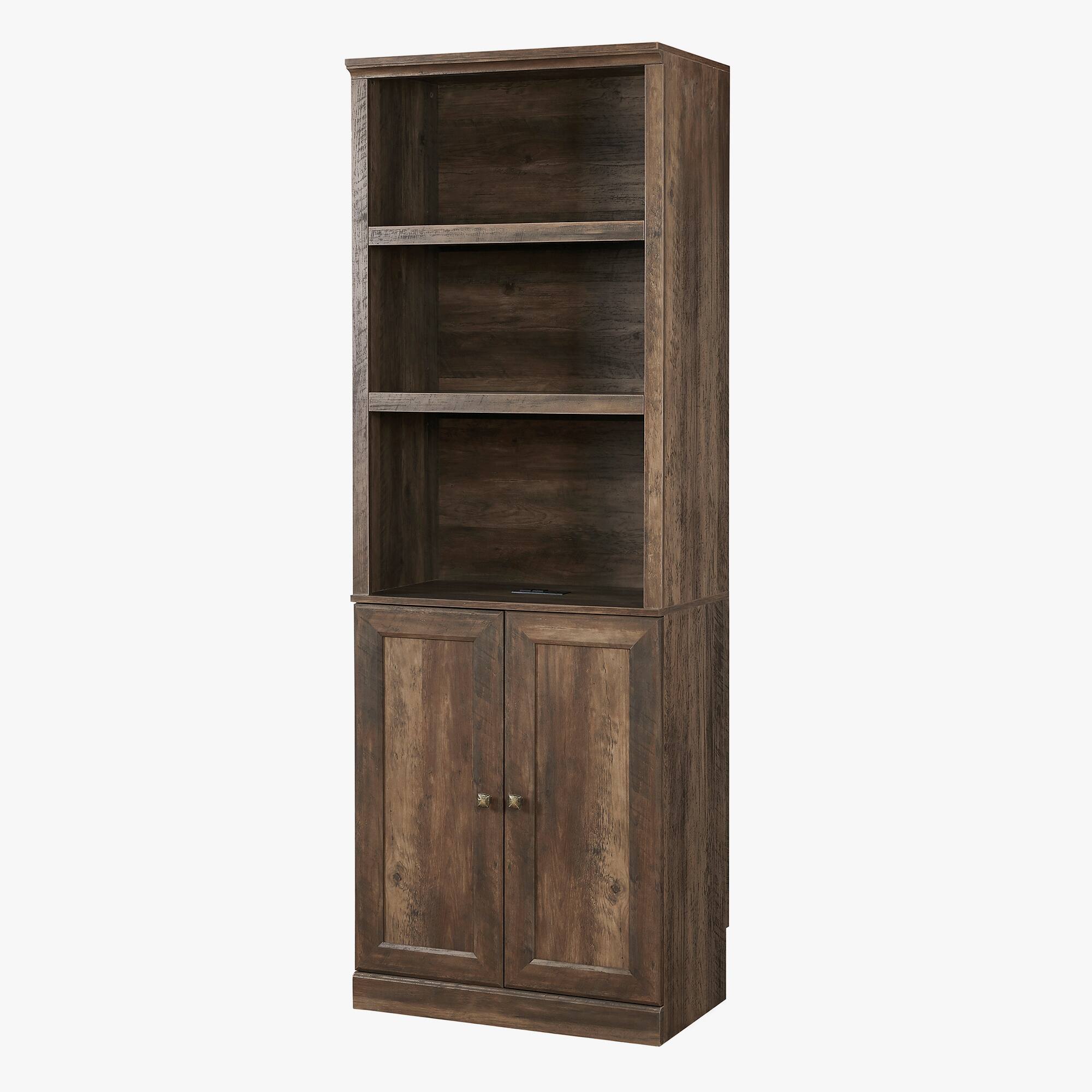 Front. Spaco - 1 Door Bookshelf with USB Port, Rustic Brown Bookcase with 3 Open Shelves and File Cabinet, Modern Storage - White.