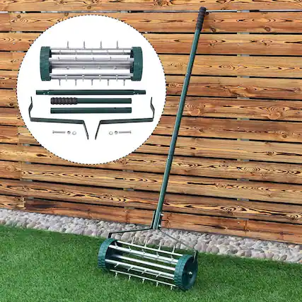 Front. MOOSOO - 16-Inch Heavy Duty Rolling Lawn Aerator With Sharp Spikes & Anti-Slip Handle - Push Aerator for Garden, Yard - Green.