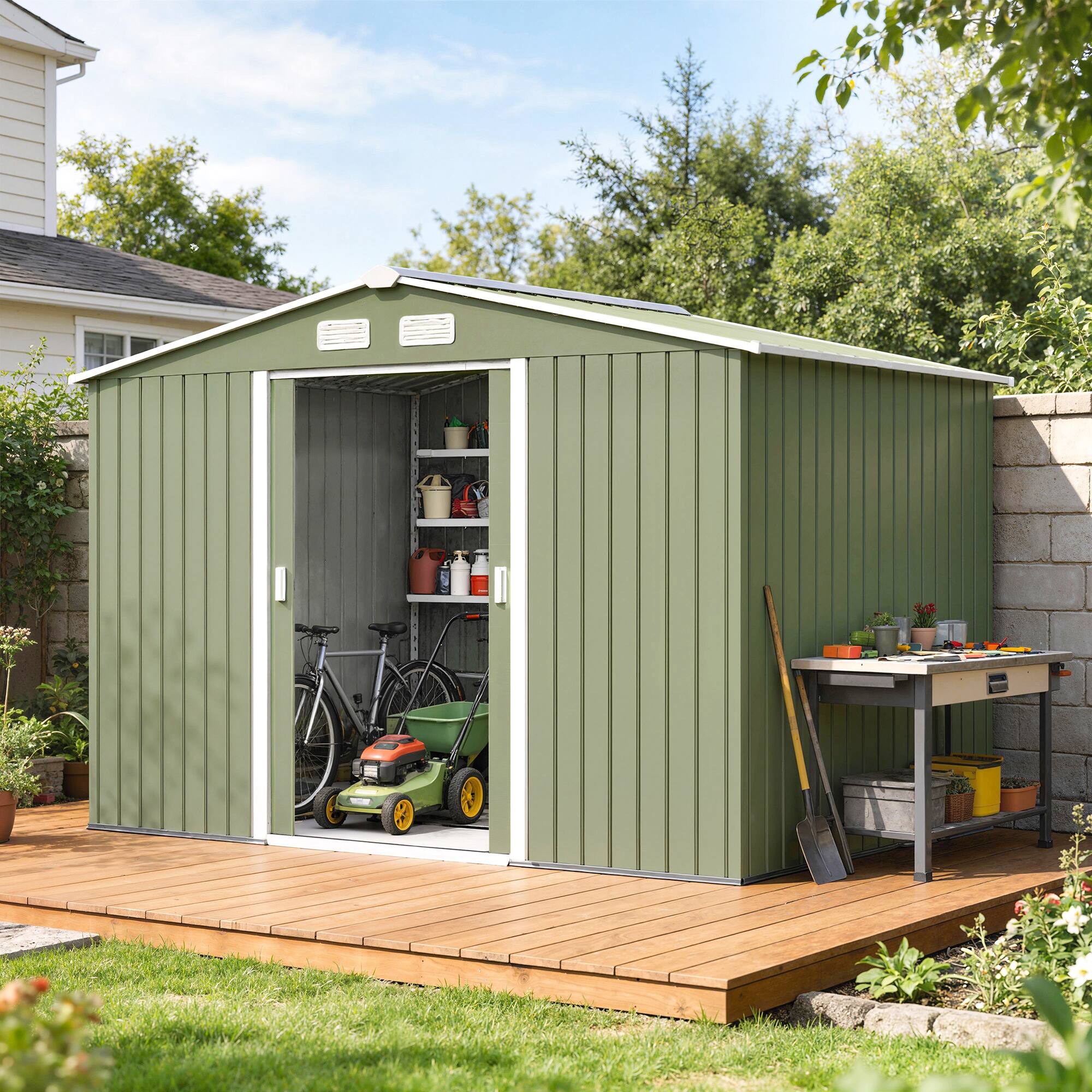 Alt View 1. Outsunny - 9' x 6' Outdoor Storage Shed, Garden Tool Metal Shed with Foundation Kit, Double Lockable Door.