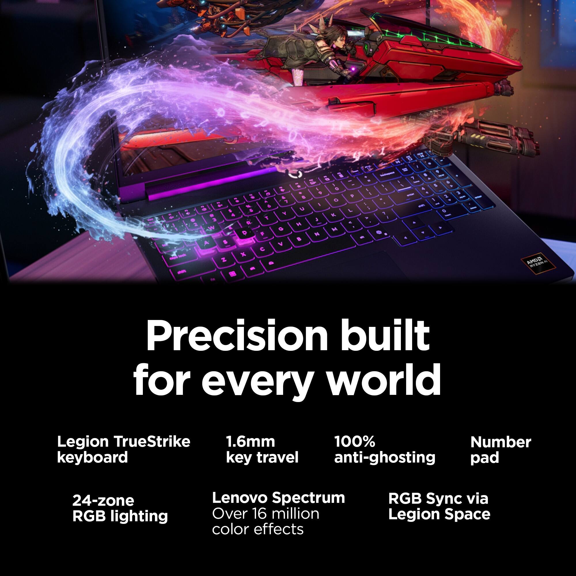 Precision built for every world

Legion TrueStrike keyboard
1.6mm key travel
24-zone RGB lighting
Lenovo Spectrum Over 16 million color effects
100% anti-ghosting
Number pad
RGB Sync via Legion Space