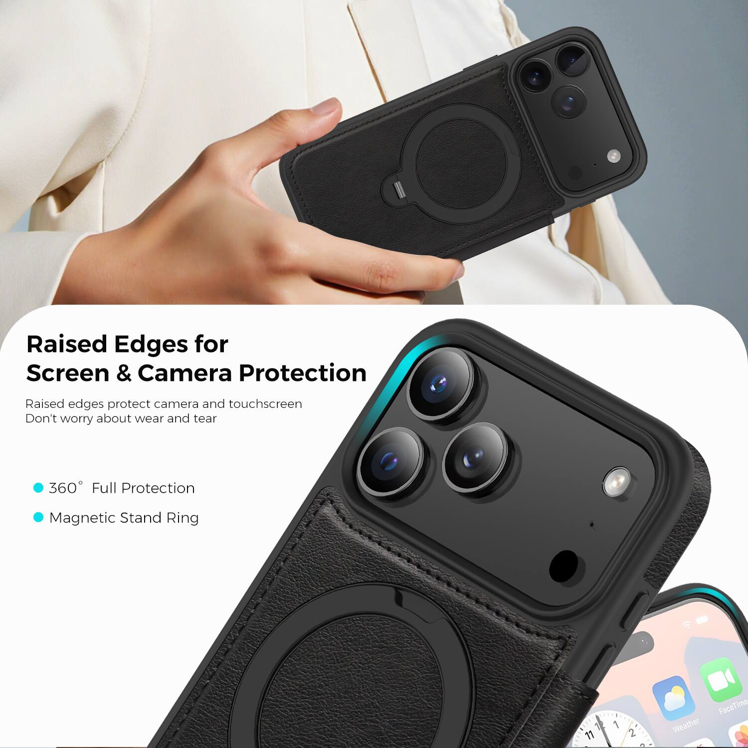 Raised Edges for Screen & Camera Protection  
Raised edges protect camera and touchscreen  
Don't worry about wear and tear  

360° Full Protection  
Magnetic Stand Ring
