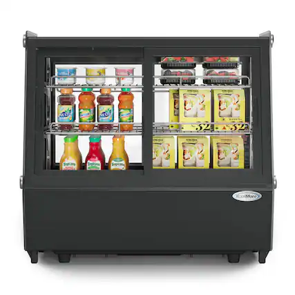 The image shows a refrigerator with a variety of drinks and food items inside. The drinks include juices, such as Tropicana, and other beverages like Kool-Aid. The food items consist of yogurt and fruit, including strawberries. The refrigerator is stocked with a total of 18 items, offering a diverse selection for customers to choose from.