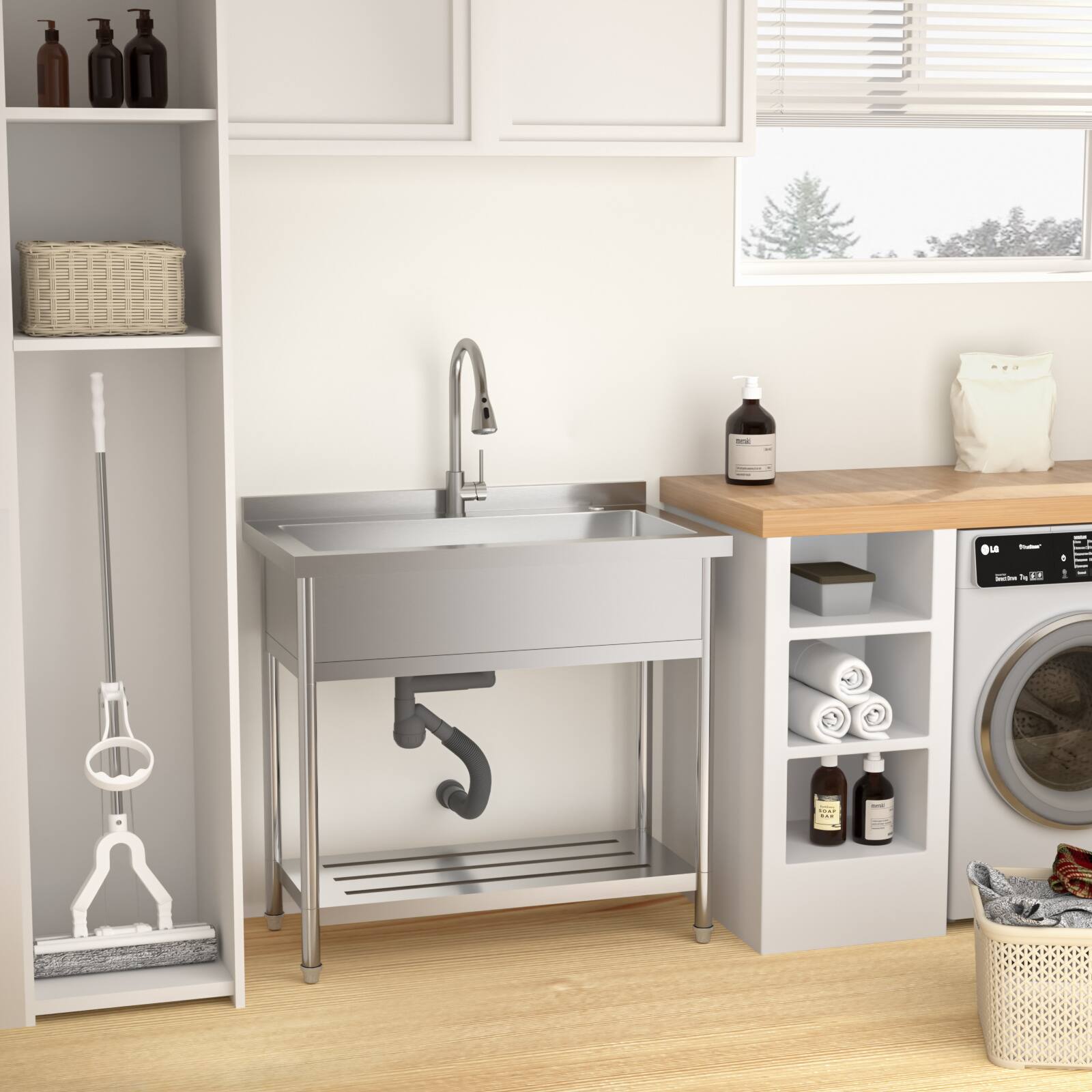 Angle. Siljoy - 21" x 36" x 35.5" Stainless Steel Utility Sink Single Bowl Freestanding Commercial Restaurant Sink with Pull-Out Faucet - Brushed Nickel.