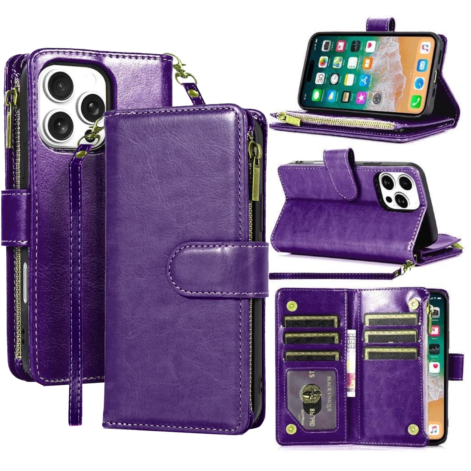 Equipd - Phone Case for iPhone 16 Pro Max 6.9", Luxury Wallet Card ID Zipper Money Holder Cover - Purple