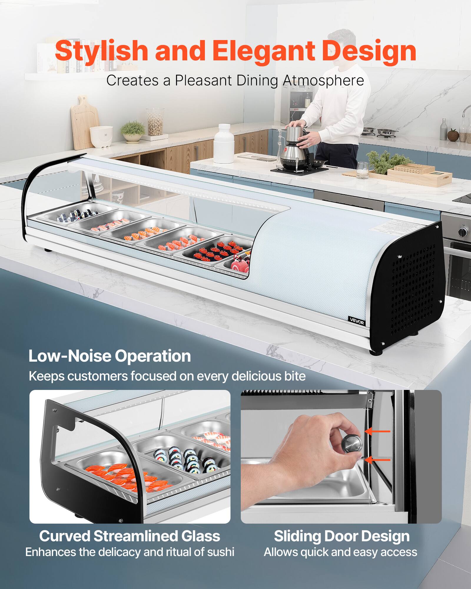 Stylish and Elegant Design  
Creates a Pleasant Dining Atmosphere  

Low-Noise Operation  
Keeps customers focused on every delicious bite  

Curved Streamlined Glass  
Enhances the delicacy and ritual of sushi  

Sliding Door Design  
Allows quick and easy access