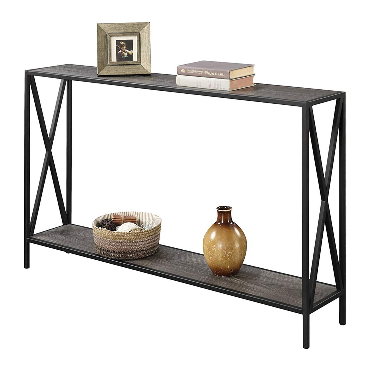 Hivvago - Weathered Grey Wood Console Sofa Table with Bottom Shelf and Metal Frame - Gray