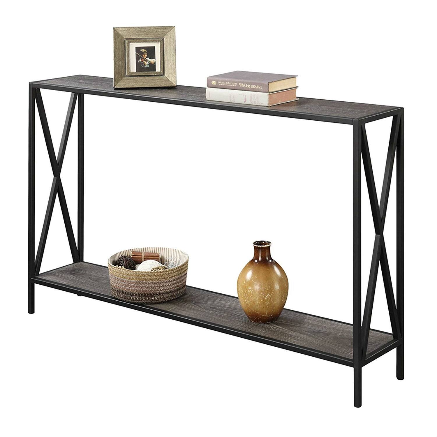 Hivvago - Weathered Grey Wood Console Sofa Table with Bottom Shelf and Metal Frame - Gray