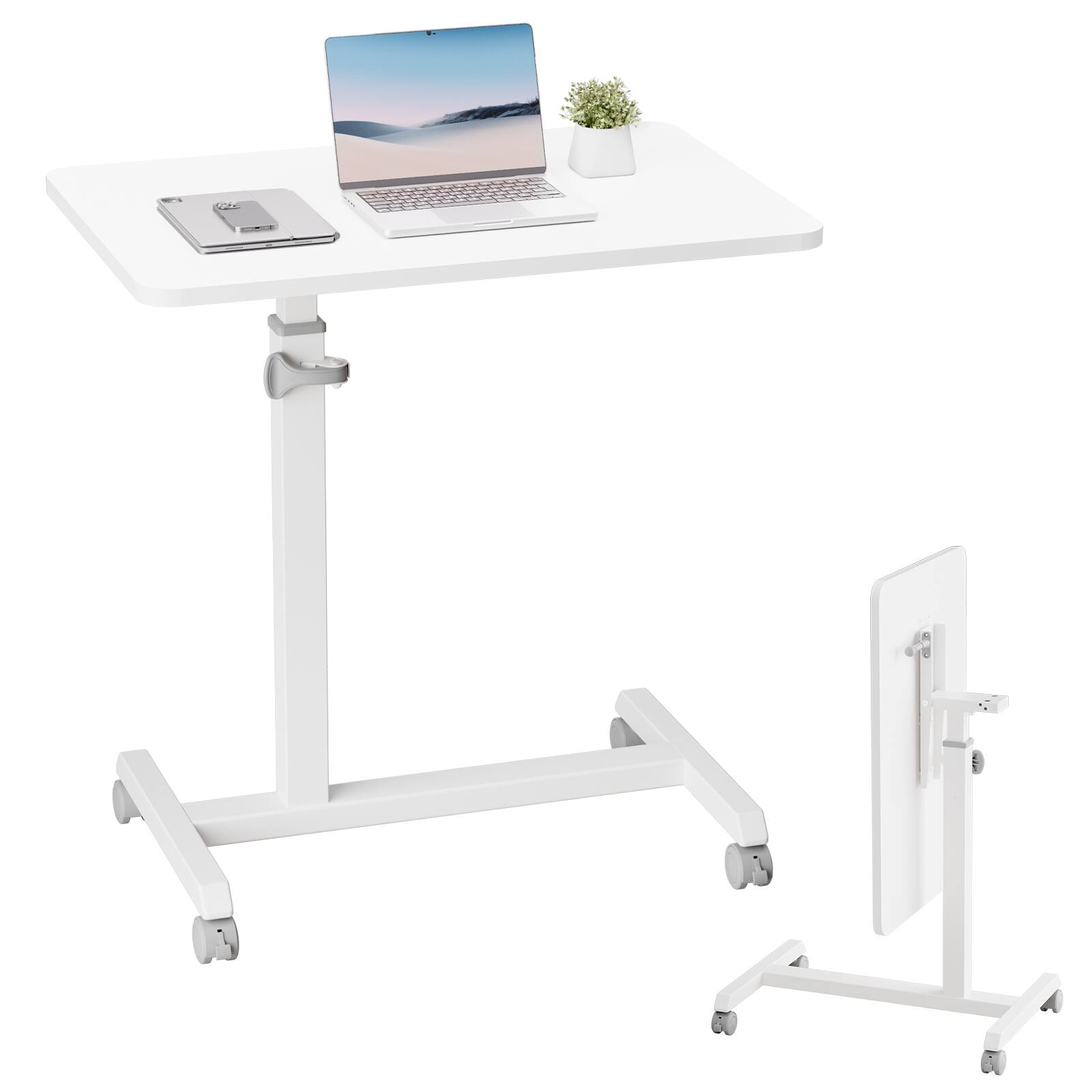 Front. CloudRest Pro - Portable Standing Desk with Lockable Wheels Height Adjustable Rolling Laptop Desk Foldable Overbed Bedside Table.