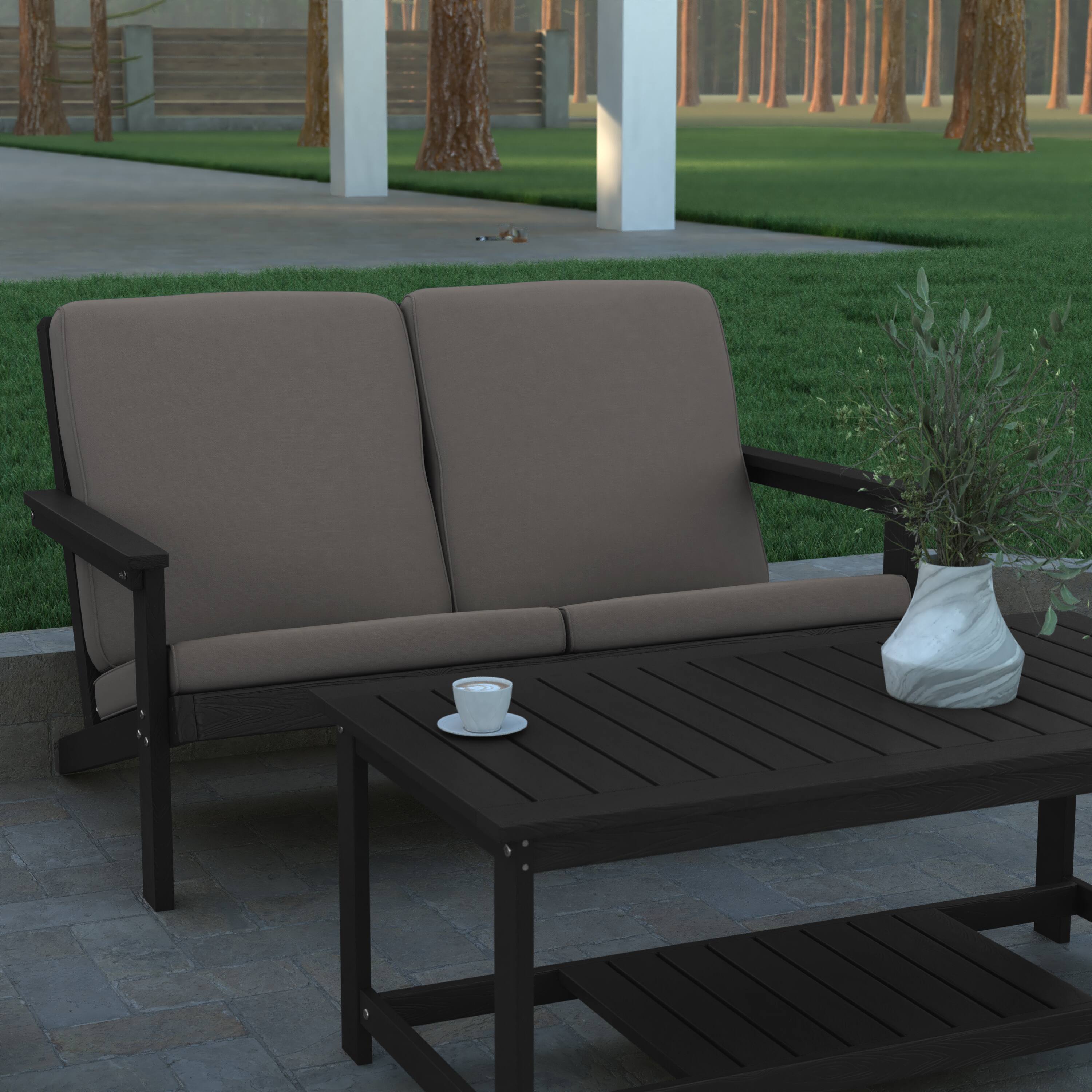 Alt View 1. Emma + Oliver - Hammond All-Weather Polyresin Adirondack Loveseat with Deep Seat and Comfortable Back & Seat Cushions - Gray Cushions/Black Frame.