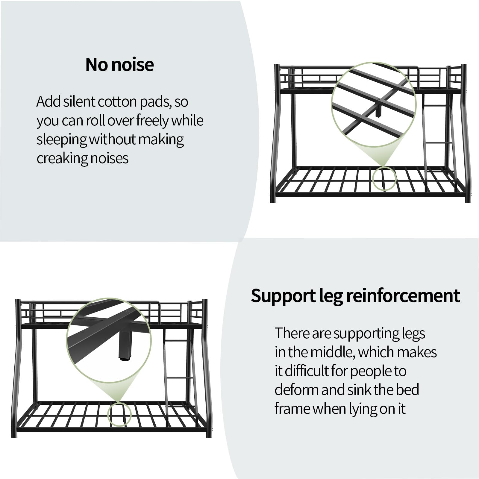 **No noise**

Add silent cotton pads, so you can roll over freely while sleeping without making creaking noises

**Support leg reinforcement**

There are supporting legs in the middle, which makes it difficult for people to deform and sink the bed frame when lying on it