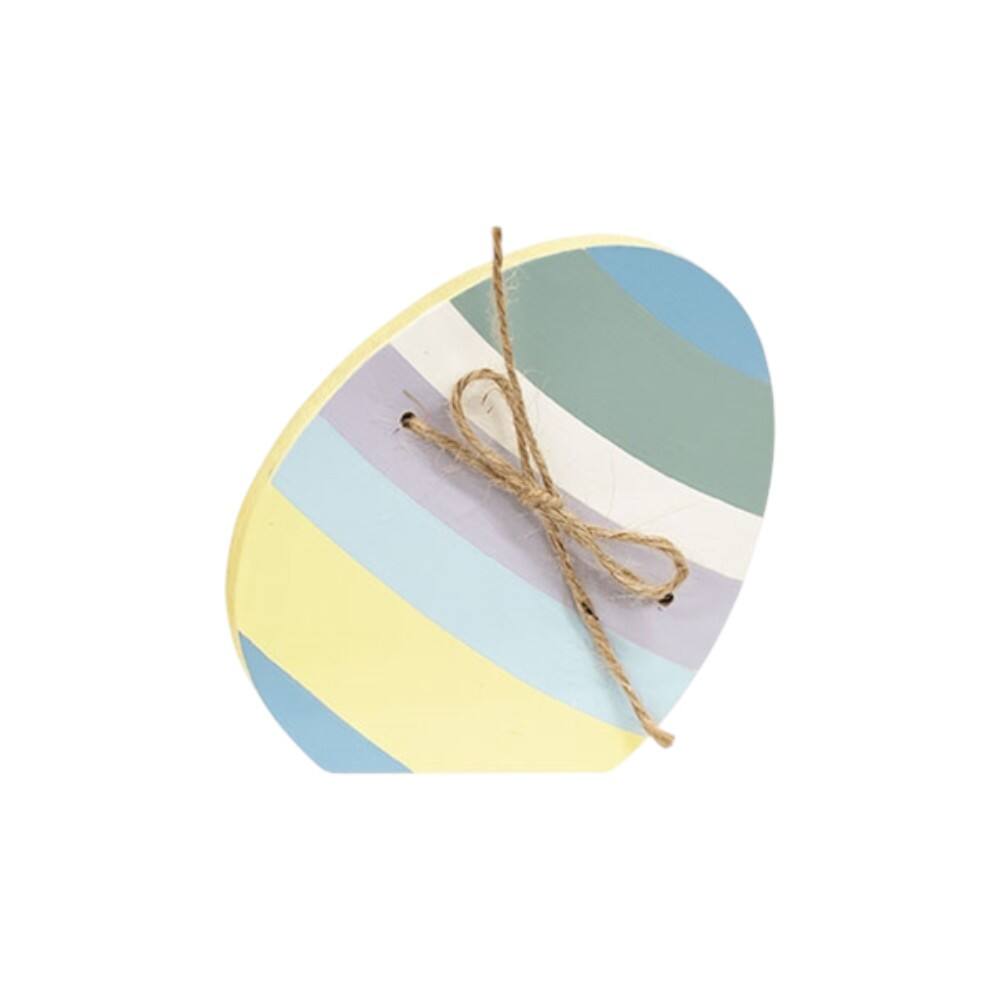 Left. BreeBe - Dots & Stripe Wooden Easter Egg Sitter w/Jute Bow - 3 Asstd. - Yellow, Blue, Green.