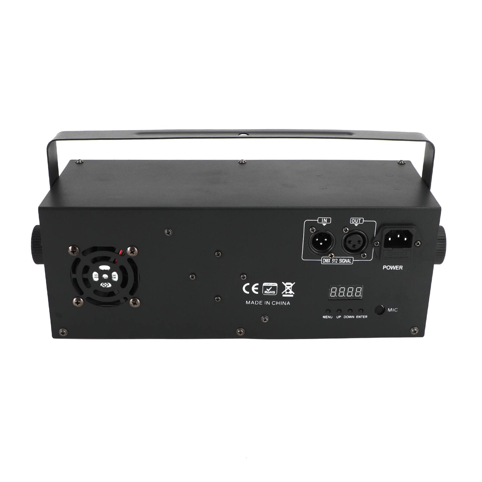 IN  
OUT  
DMX 512 SIGNAL  
POWER  
RoHS MADE IN CHINA  
88.88 MENU UP DOWN ENTER  
MIC