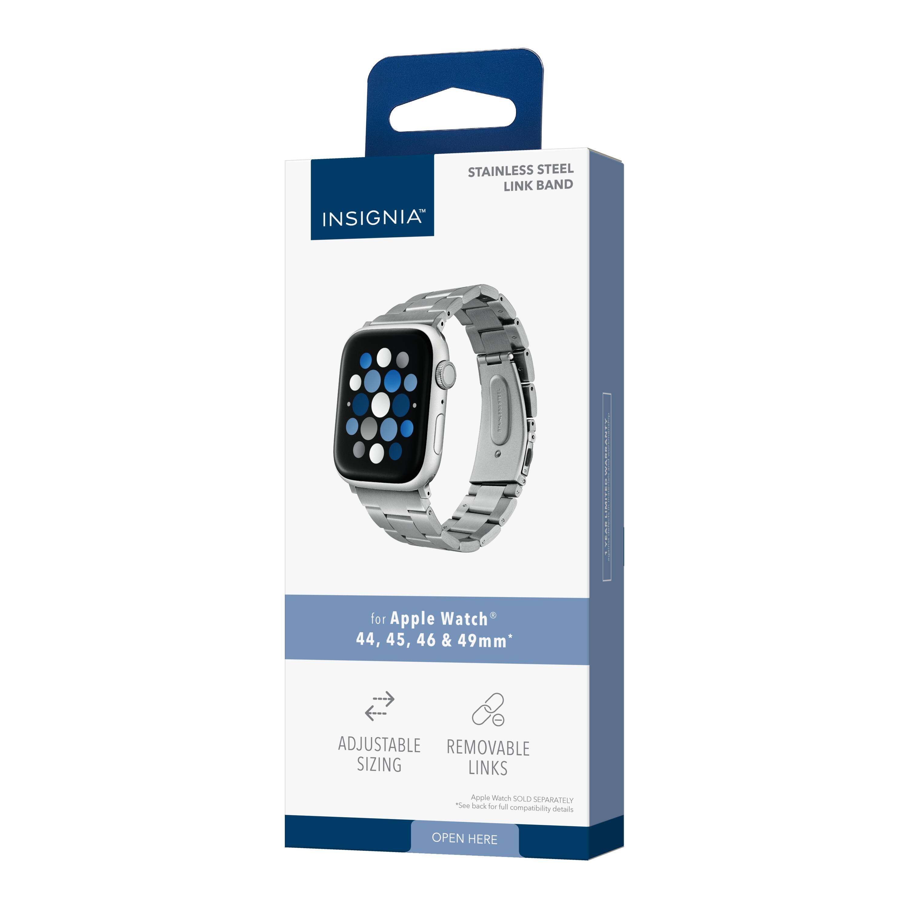STAINLESS STEEL LINK BAND  
INSIGNIA  

for Apple Watch 44, 45, 46 & 49mm  

ADJUSTABLE SIZING  
REMOVABLE LINKS  
Apple Watch SOLD SEPARATELY  

OPEN HERE