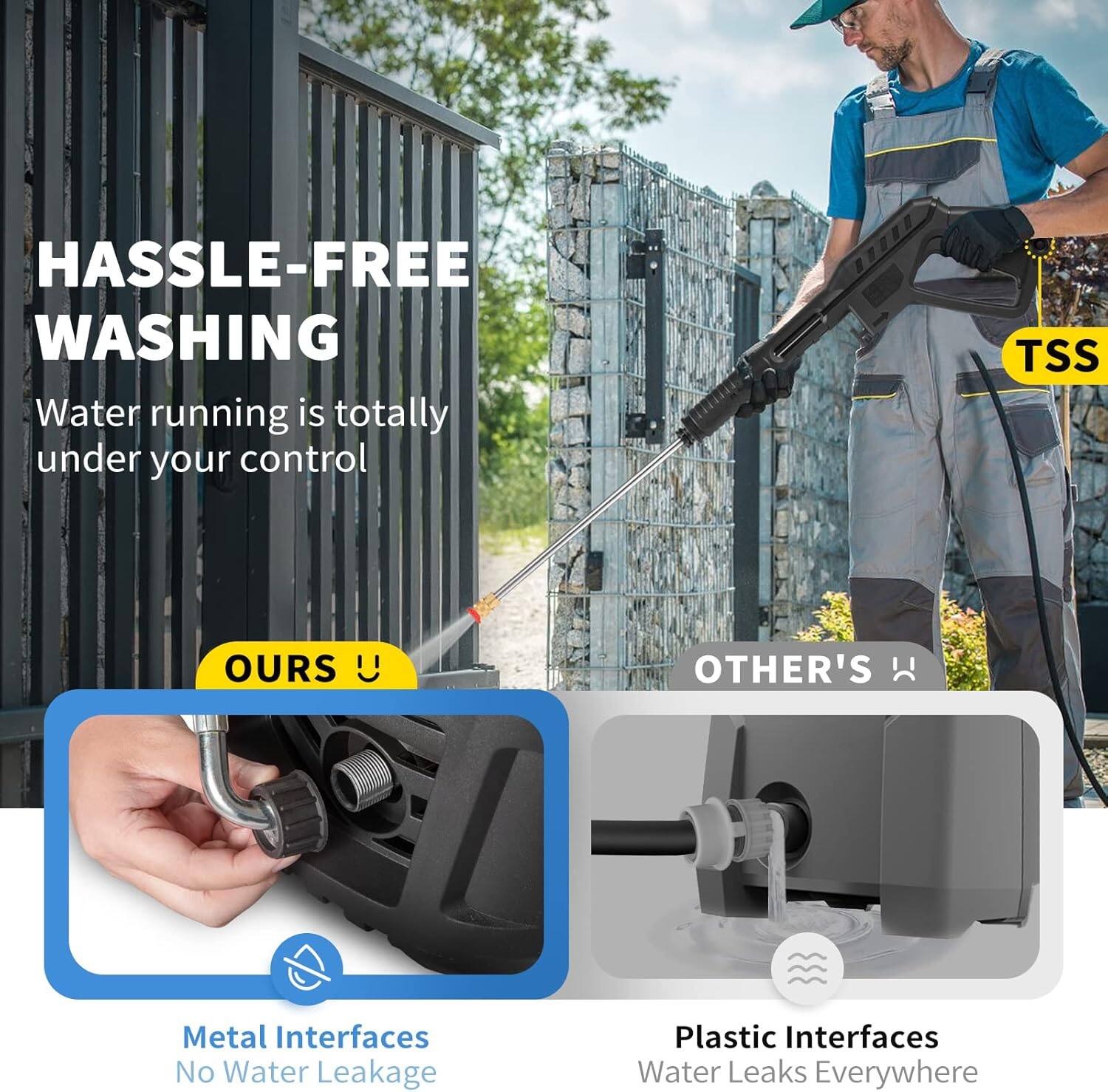 HASSLE-FREE WASHING Water running is totally under your control

OURS
Metal Interfaces
No Water Leakage

OTHER'S
Plastic Interfaces
Water Leaks Everywhere