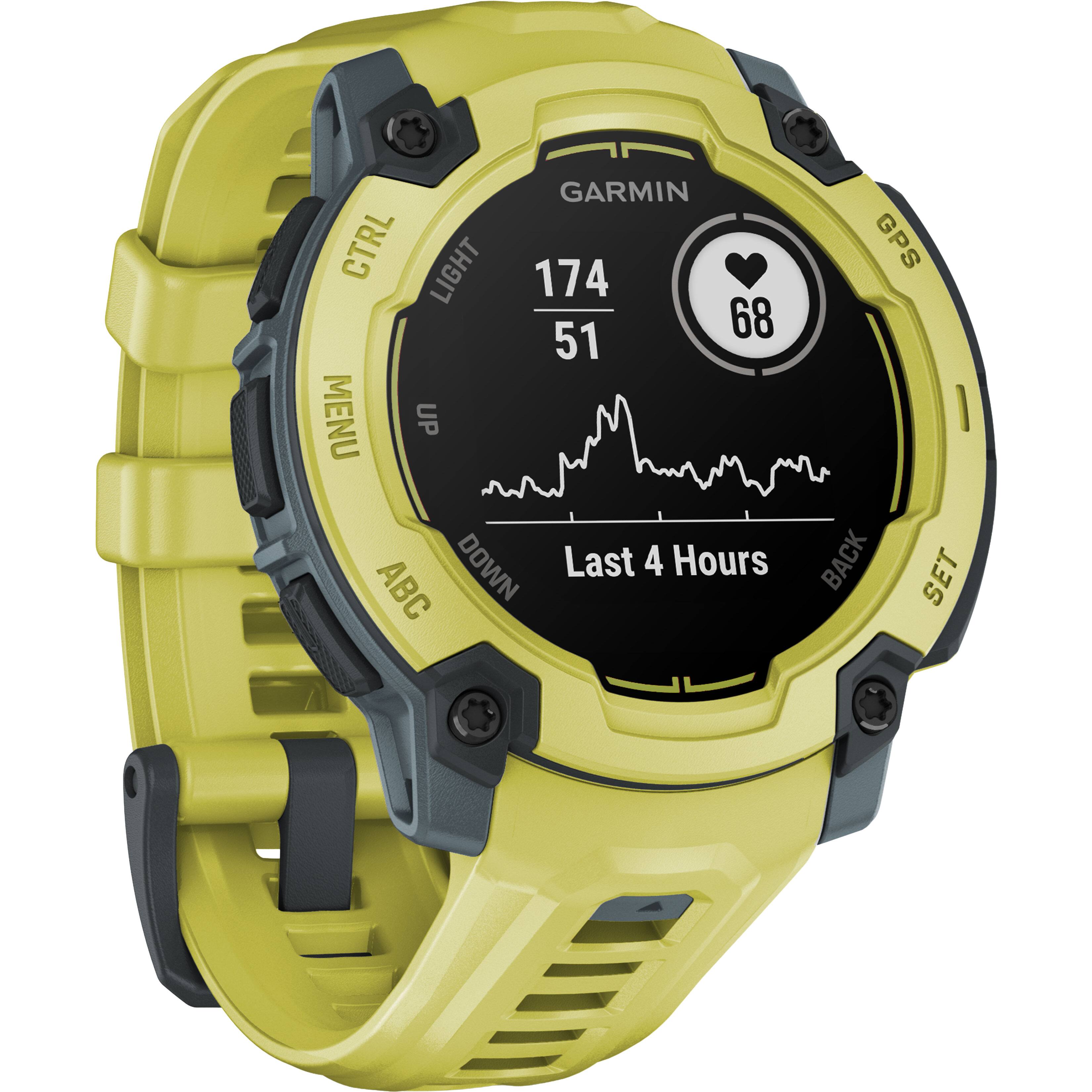 Garmin watch with a yellow band and a black face. The watch displays the time, heart rate, and other information. The watch has a menu button and a light button. The watch also has a GPS feature and a backlight. The watch is designed for outdoor activities and can be used for tracking fitness and other data.