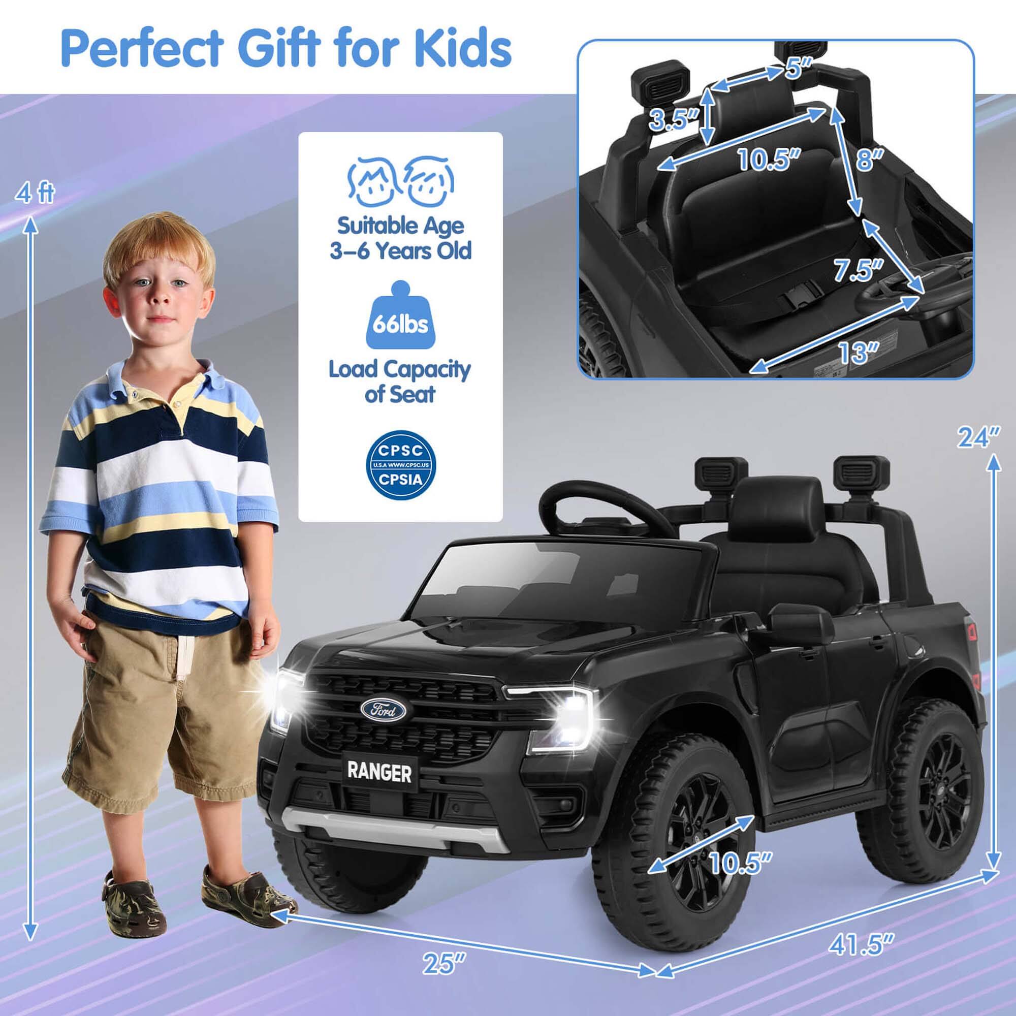 Perfect Gift for Kids

Suitable Age: 3–6 Years Old

Load Capacity of Seat: 66lbs

CPSC: CPSIA

Dimensions:
- Height: 4 ft
- Width: 25"
- Length: 41.5"
- Seat Height: 5"
- Seat Width: 10.5"
- Seat Depth: 8"
- Seat Back Height: 7.5"
- Seat Base Width: 13"
- Overall Width: 24"