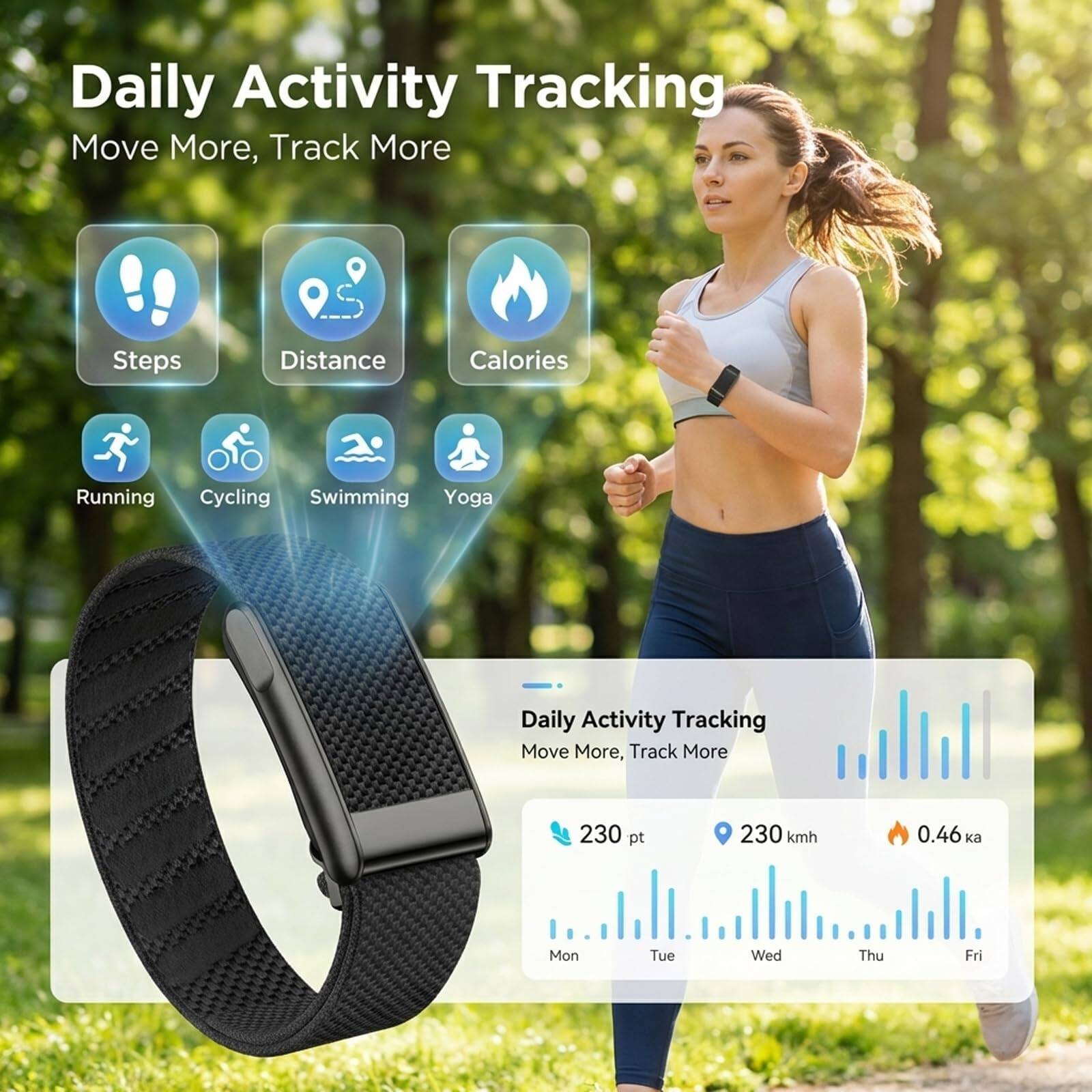 Daily Activity Tracking  
Move More, Track More  

Steps  
Distance  
Calories  

Running  
Cycling  
Swimming  
Yoga  

Daily Activity Tracking  
Move More, Track More  

230 pt  
230 kmh  
0.46 ka  

Mon  
Tue  
Wed  
Thu  
Fri