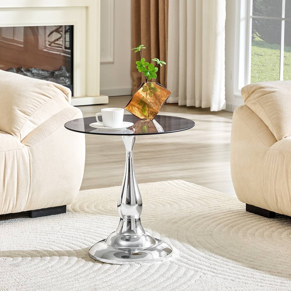 Alt View 1. Loheer - Loheer Small Metal Side Table Silver Round Glass Top End Table - Silver.