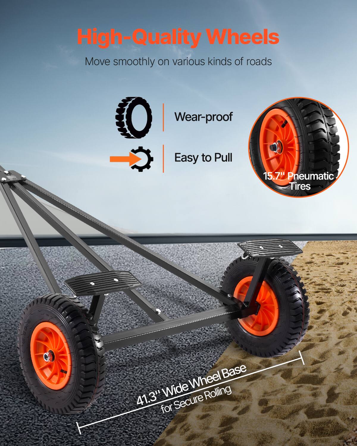 High-Quality Wheels

- Move smoothly on various kinds of roads
- Wear-proof
- Easy to Pull
- 15.7" Pneumatic Tires
- 41.3" Wide Wheel Base for Secure Rolling