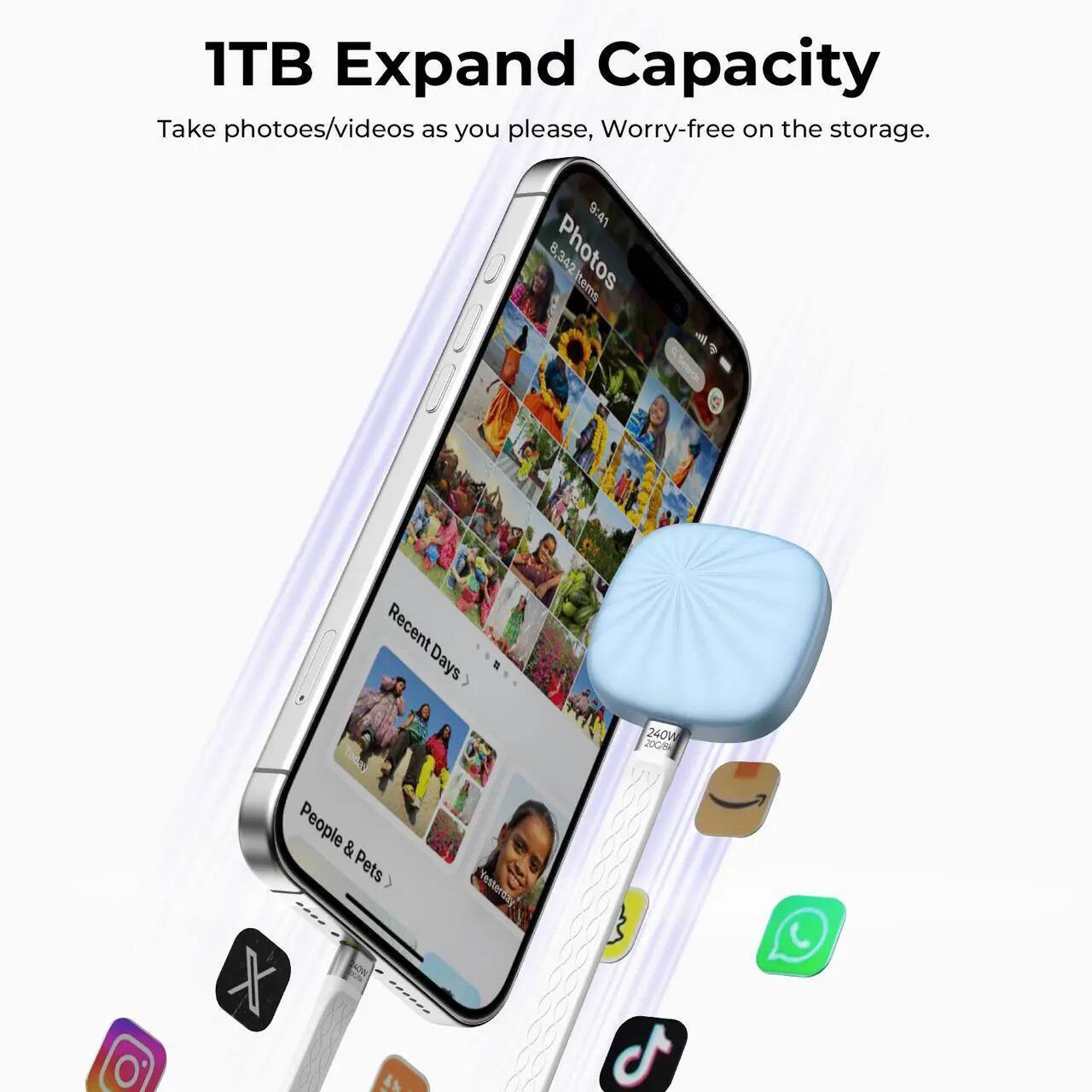 1TB Expand Capacity  
Take photos/videos as you please, Worry-free on the storage.  

9:41  
8,342 Photos Items - F  
Recent Days S  
240V 20/ 0  
People & Pets