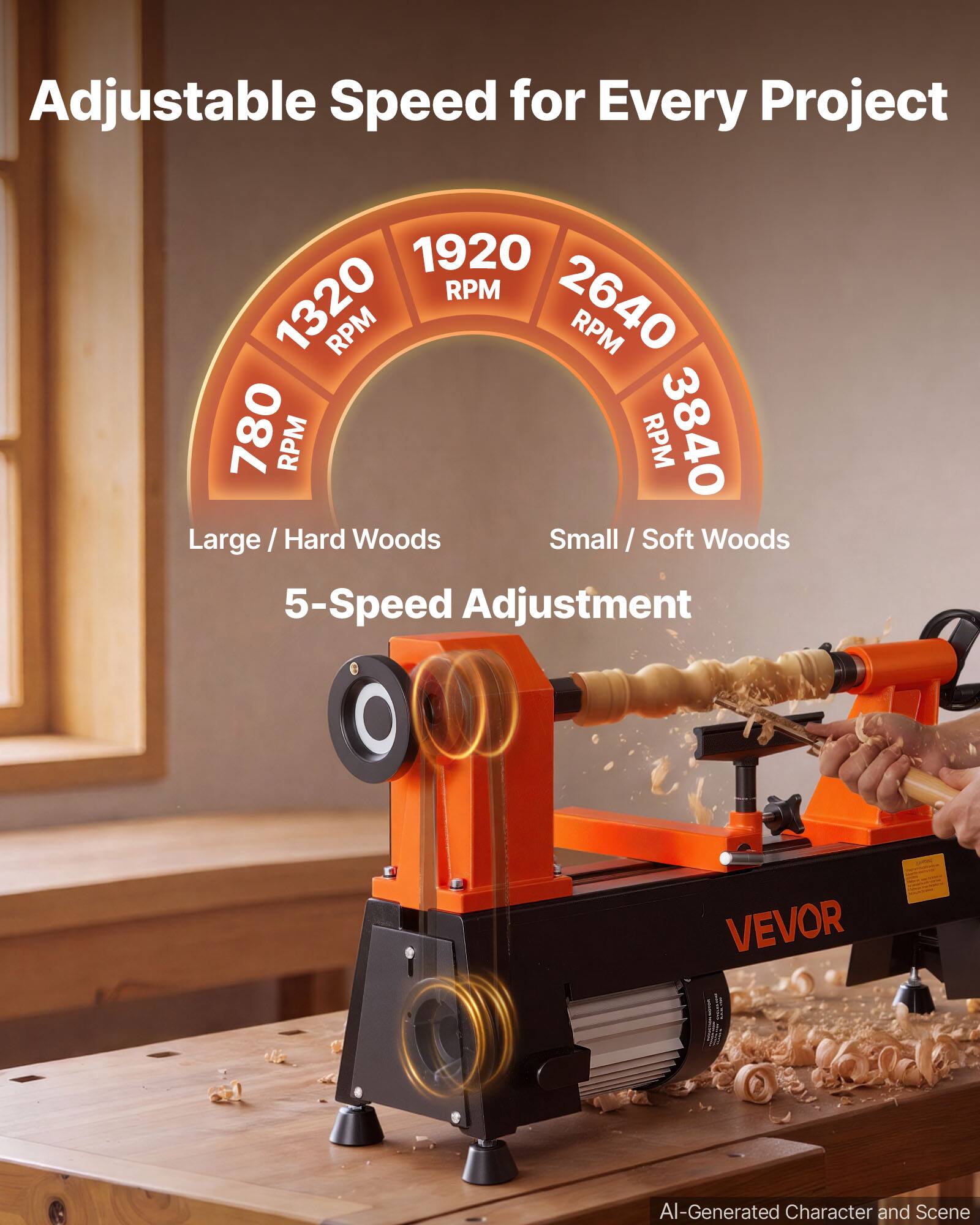 Adjustable Speed for Every Project

1920 RPM  
1320 RPM  
2640 RPM  
780 RPM  
3840 RPM

Large / Hard Woods  
Small / Soft Woods

5-Speed Adjustment

VEVOR

AI-Generated Character and Scene