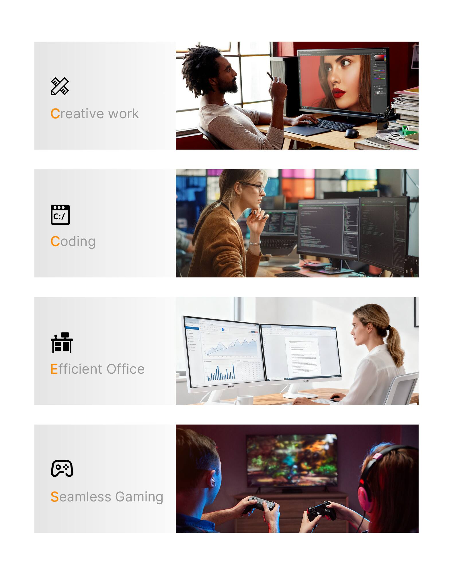 Creative work  
C:/  
Coding  
Efficient Office  
Seamless Gaming