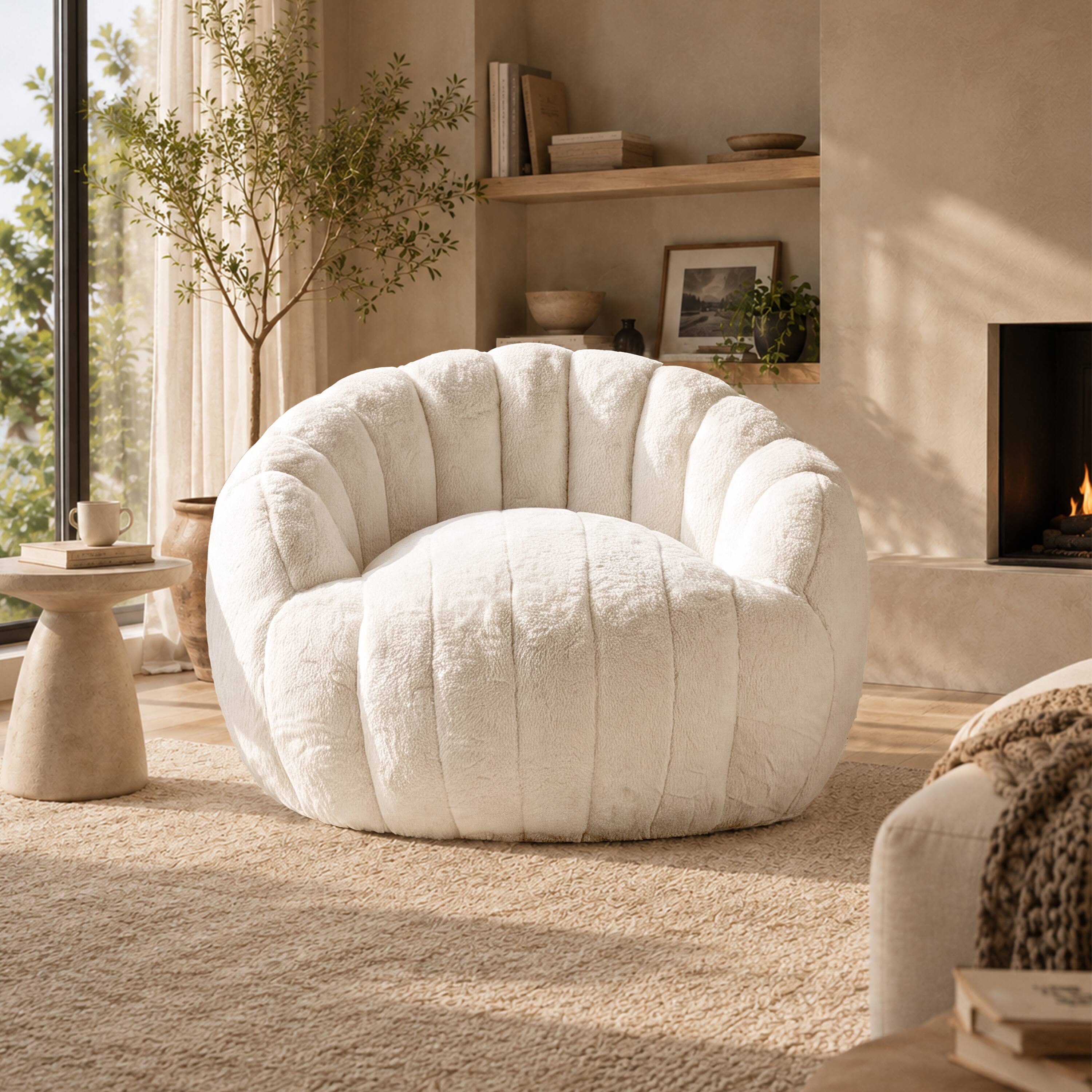 Alt View 2. Vipbear - Shell-Shaped Bean Bag Chair for Adults and Teens, Faux Fur Sofa Chair, Comfy Accent Chair  with Foam Filling - Off-white.