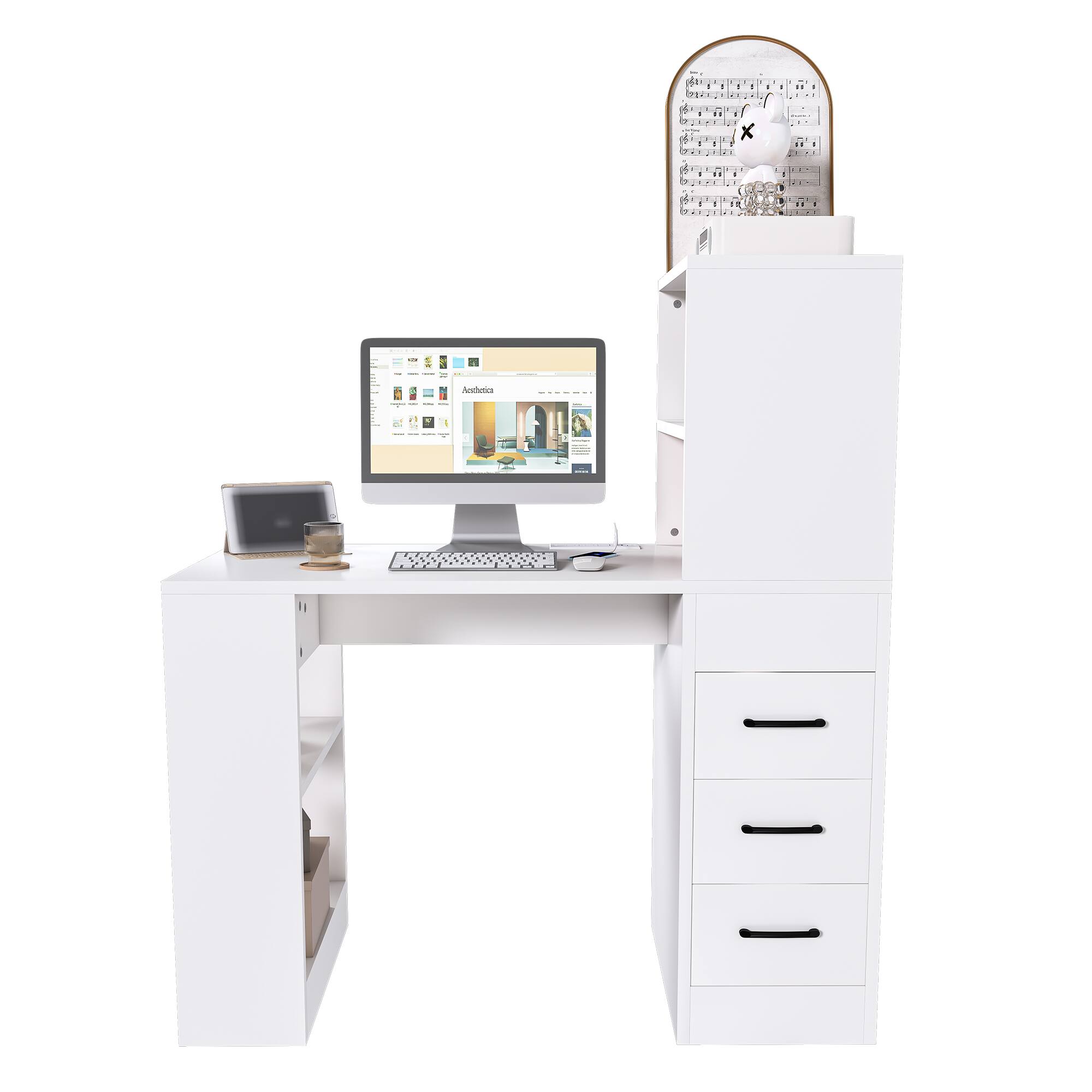 Alt View 7. Tiramisubest - Modern White Computer Desk with 4-in-1 Socket, 3 Slide Drawers and 4 Storage Levels, Suitable for a Variety of Places - White.