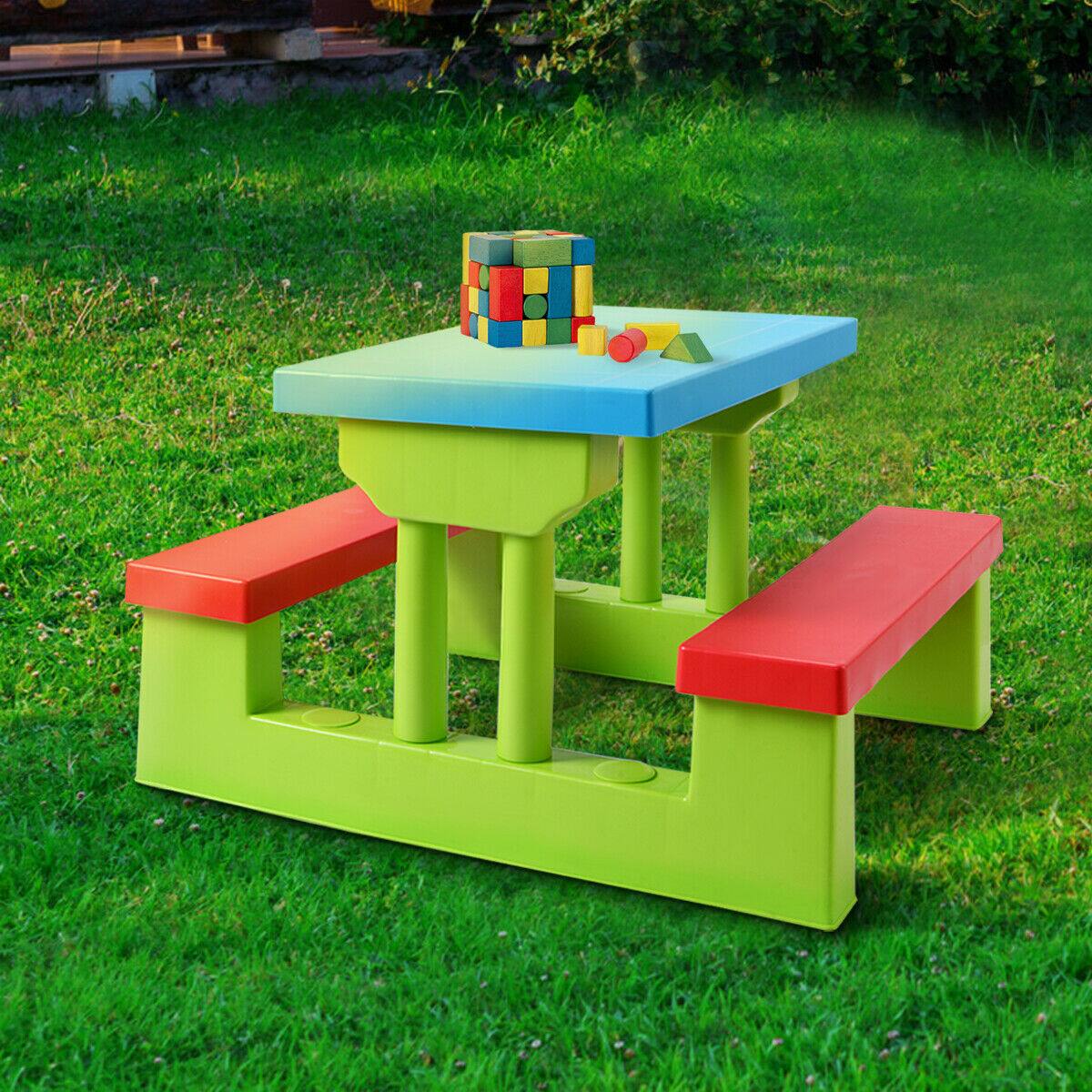 Alt View 4. Costway - Costway 4 Seat Kids Picnic Table with Umbrella Garden Children Bench Outdoor PP - Green,Red,Blue.