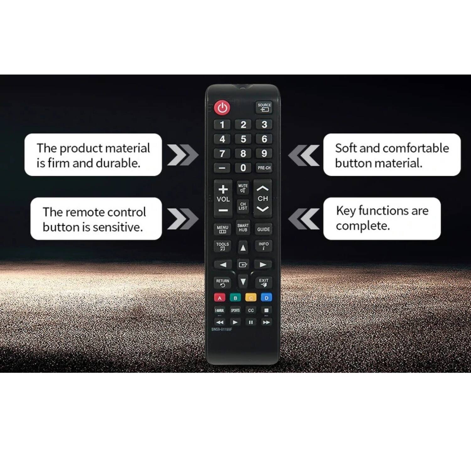 The product material is firm and durable.  
The remote control button is sensitive.  
Soft and comfortable button material.  
Key functions are complete.