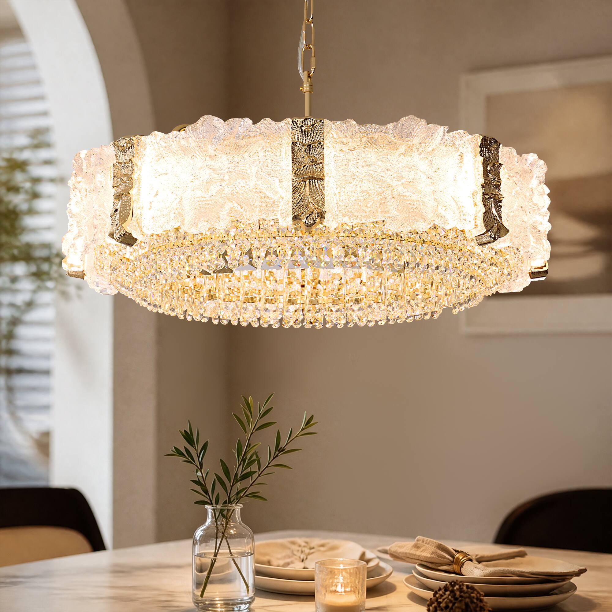 Angle. Siljoy - 24 Inch Oval Luxury Gold Crystal Chandelier with Icy Texture Glass, Pendant Light for Dining Room, Living Room - Champagne Gold.