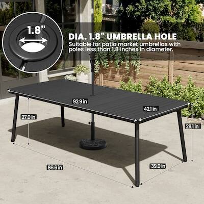 1.8" DIA. 1.8" UMBRELLA HOLE Suitable for patio market umbrellas with poles less than 1.8 inches in diameter. 27.0in x 92.9 in x 42.1in x 29.1in x 86.6in x 39.0 in