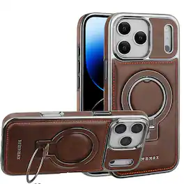 Dteck - Premium Leather Shockproof Non-Slip Magnetic Invisible Ring Stand Phone Case for Apple iPhone 17 Pro Max - Darkbrown
