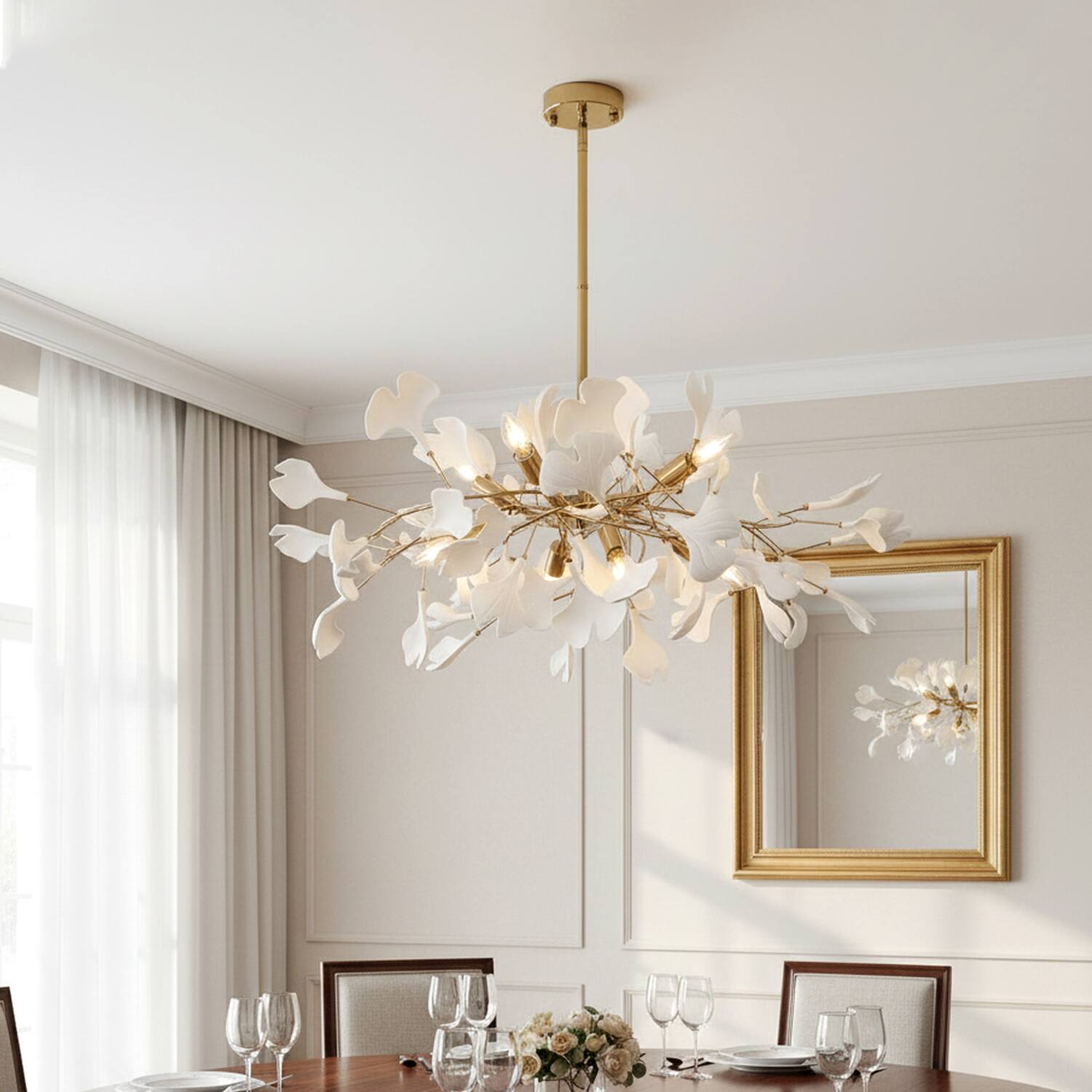 Left. Umeiluce - 8-Light Luxury Branching Chandelier Ginkgo Lighting - Brass.