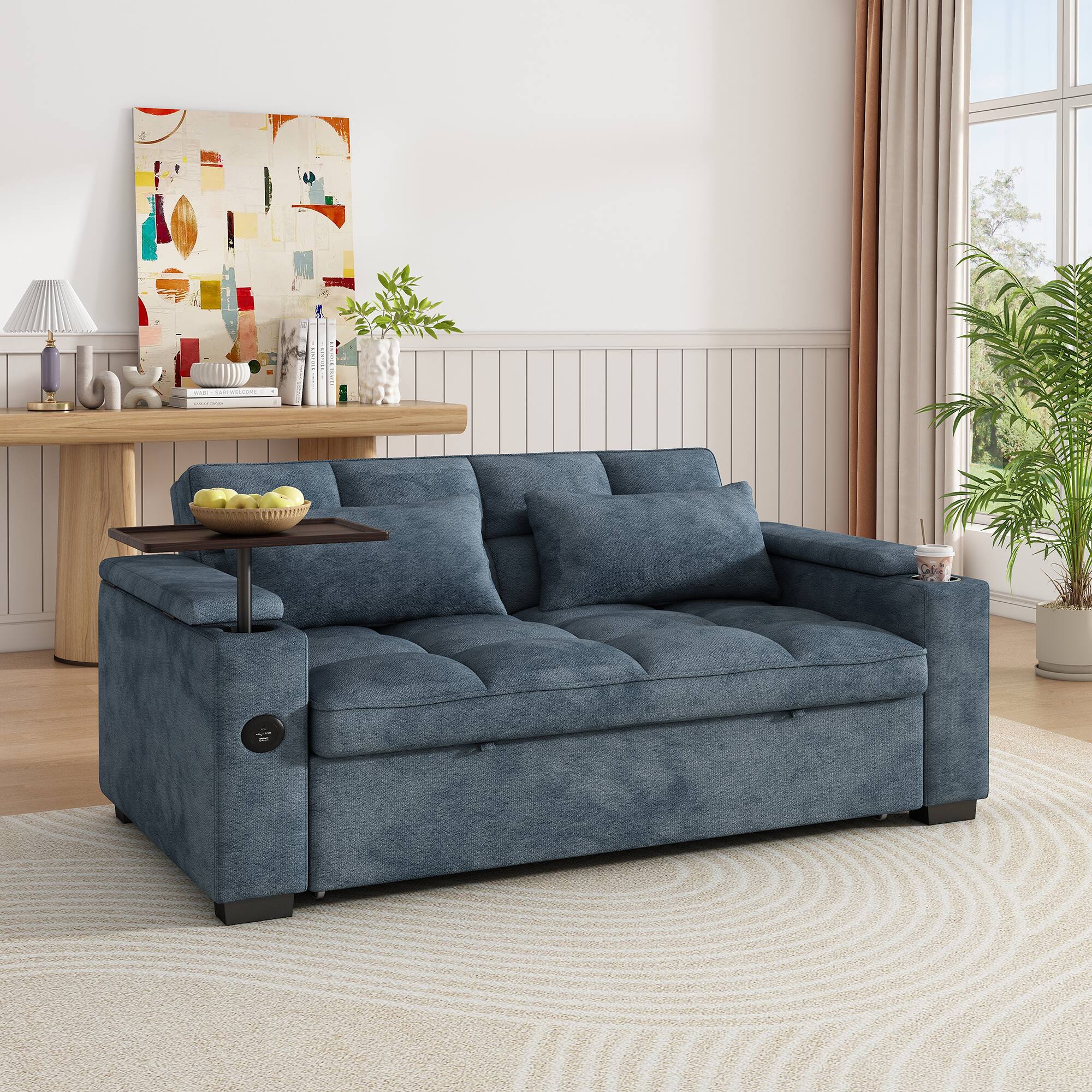 Front. Tiramisubest - 65" 3-in-1 Folding Convertible Sofa Bed,Pullout Sofa,Chenille Fabric,90°Swivel Side Table,Perfect for Living Room,Blue - Blue.