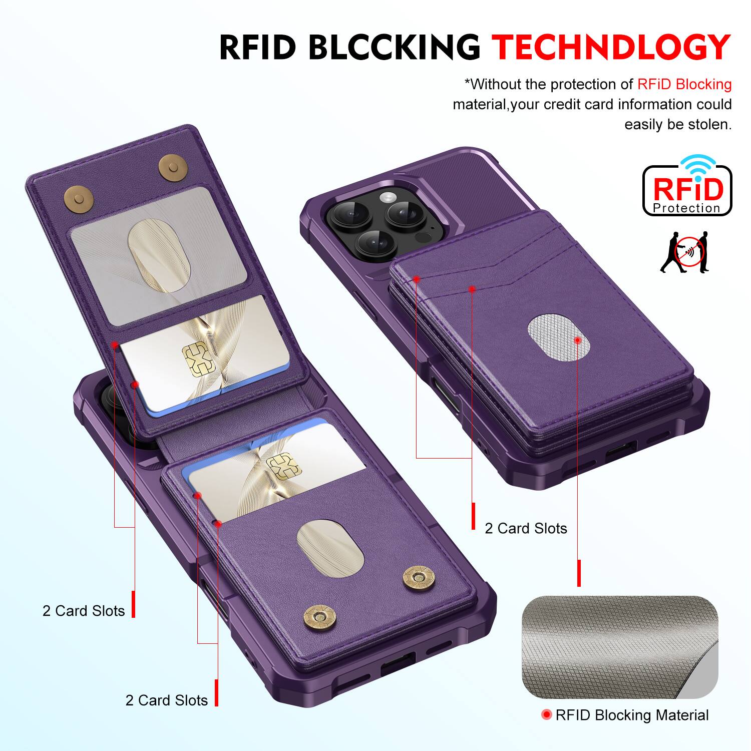 RFID BLOCKING TECHNOLOGY

*Without the protection of RFID Blocking material, your credit card information could easily be stolen.

RFID Protection

2 Card Slots

2 Card Slots

2 Card Slots

RFID Blocking Material