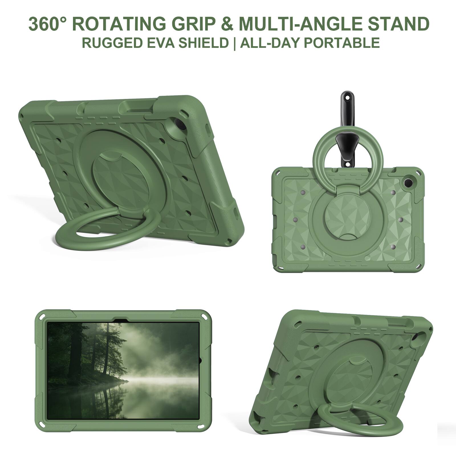360° ROTATING GRIP & MULTI-ANGLE STAND  
RUGGED EVA SHIELD | ALL-DAY PORTABLE