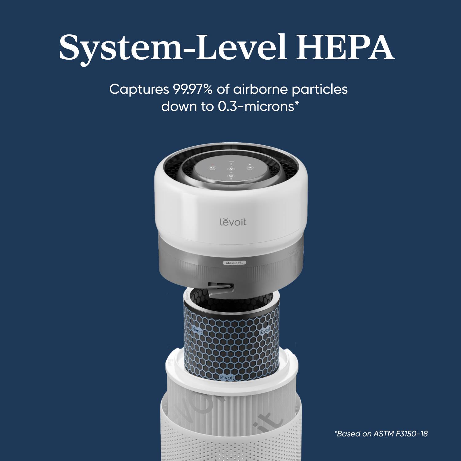 System-Level HEPA  
Captures 99.97% of airborne particles down to 0.3-microns*  
levoit  
MaxSeal-  
*Based on ASTM F3150-18