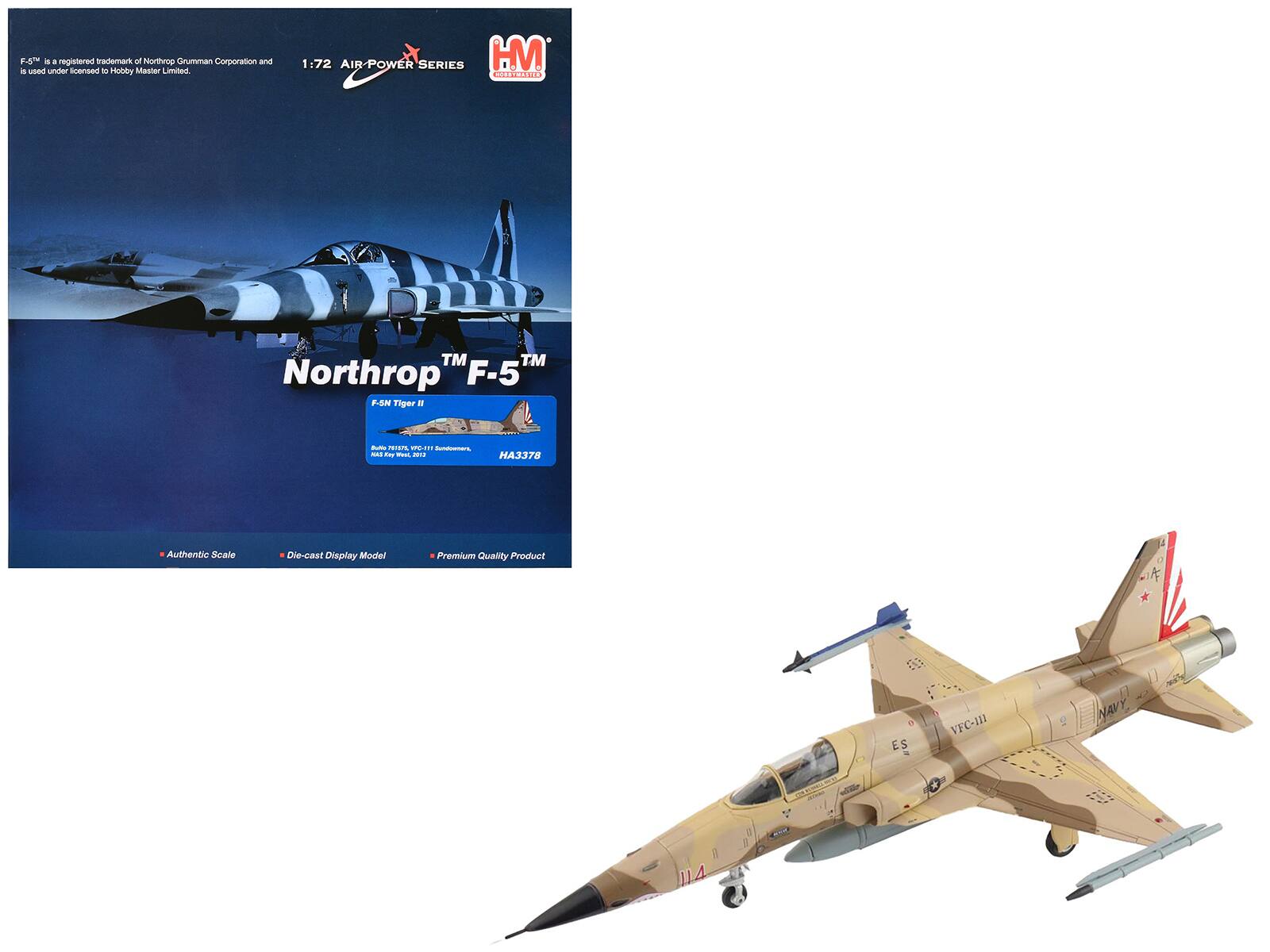 F-5™ is a registered trademark of Northrop Grumman Corporation and is used under license to Hobby Master Limited.

1:72 AIR-POWER SERIES

HM
Hobby Master

Northrop™ F-5™

F-5N Tiger II

111 Squadron, HA3378

Authentic Scale
Die-cast Display Model
Premium Quality Product