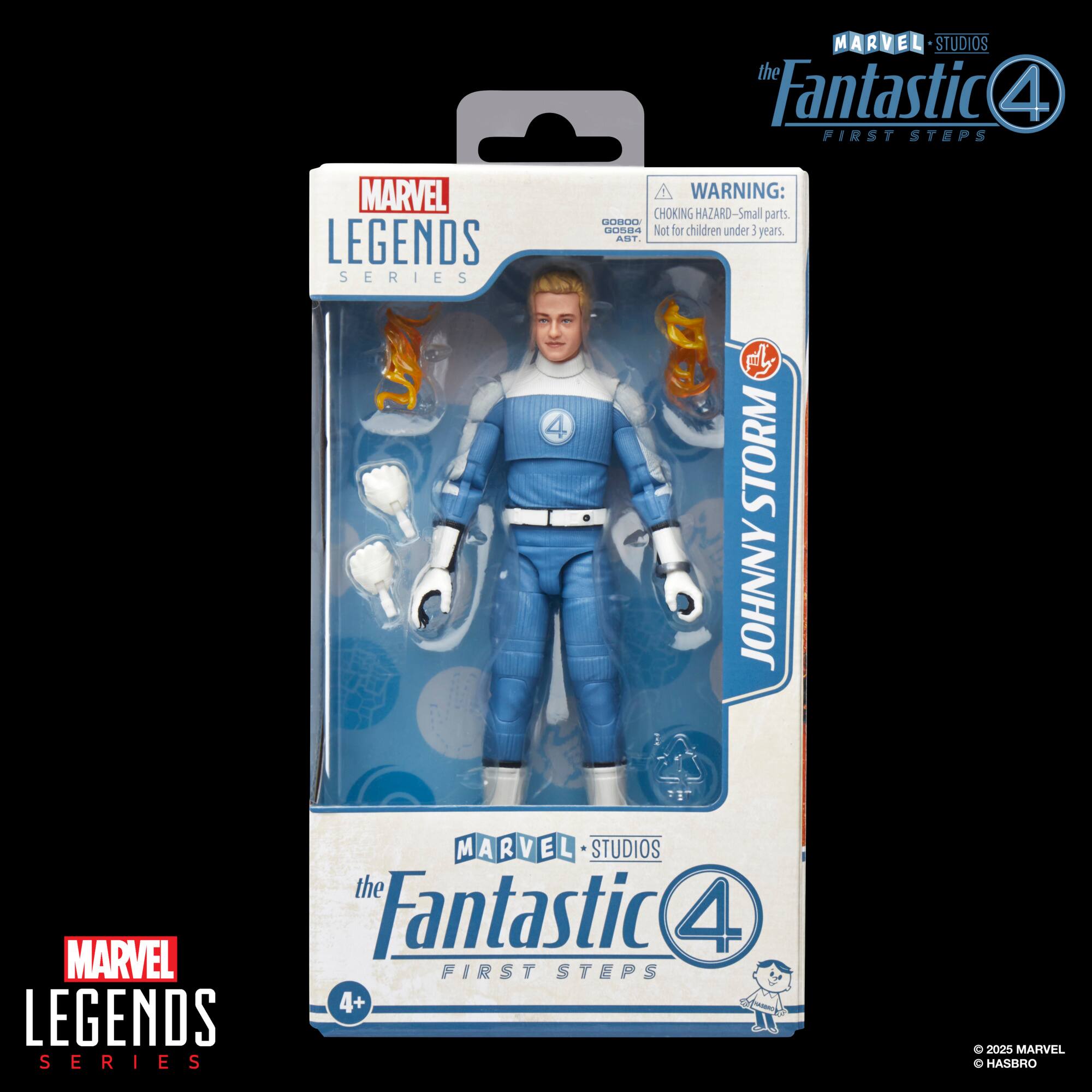 The image features a Marvel Legends action figure of Johnny Storm, also known as the Human Torch, from the Fantastic Four. The figure is part of the Marvel Legends series and is designed for children aged 4 and up. The packaging warns of potential choking hazards due to small parts and advises that the toy is not suitable for children under the age of 1. The figure is displayed in a box, showcasing its details and the Marvel logo.