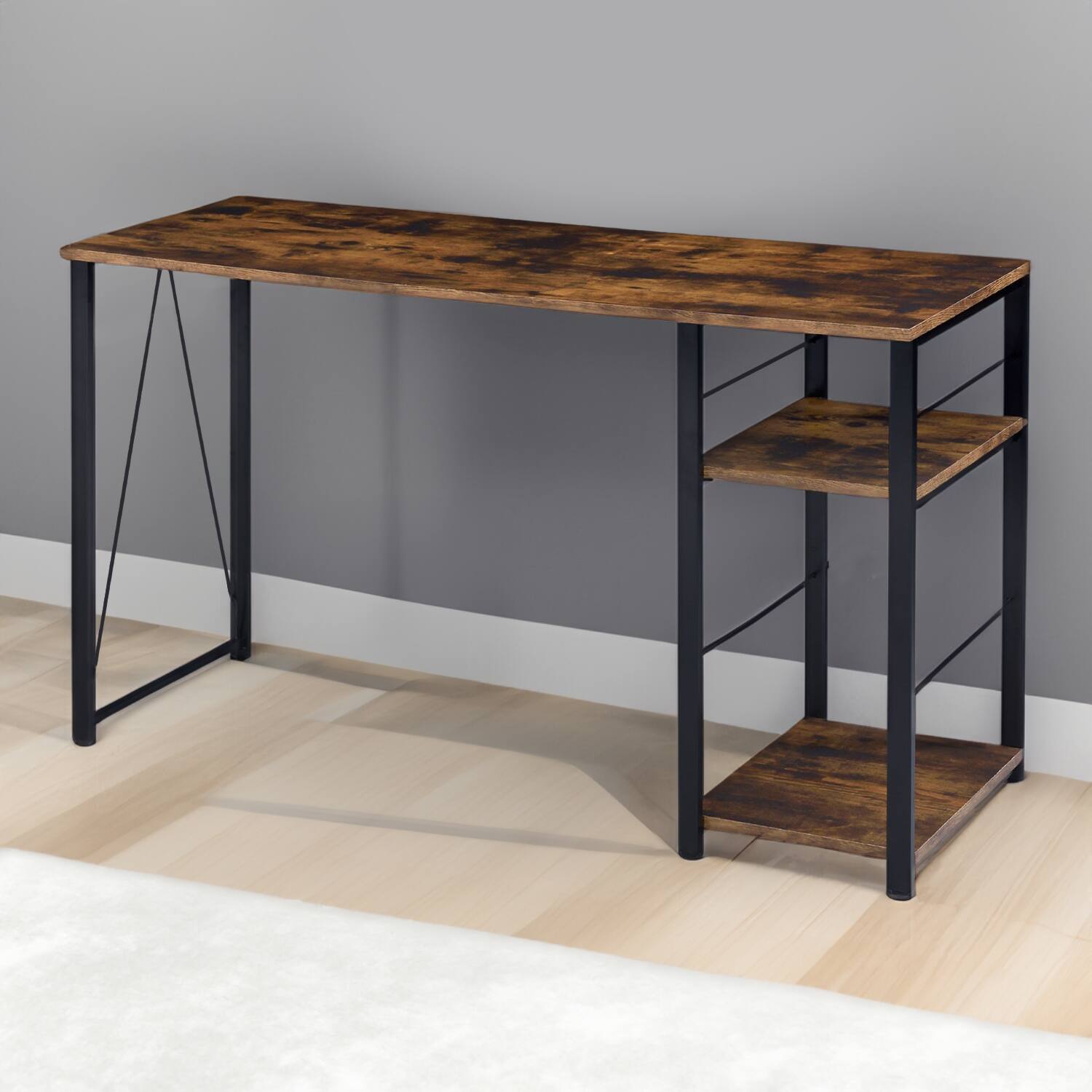 Alt View 2. Manhattan Lane - Writing Desk with 2 Tier Shelves and Tubular Metal Legs, Brown and Black - Brown and Black.