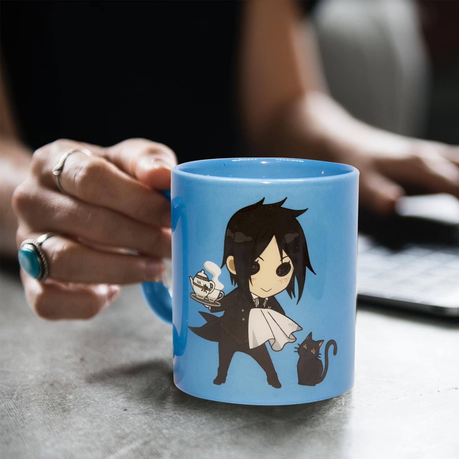 Alt View 3. Surreal Entertainment - Black Butler Mug | Black Butler Chibi Sebastian and Cat Coffee Mug - Blue.