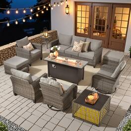 Ovios - 10 PCS Patio Furniture Conversation Sofa Set with Swivel Chair, Coffee Table & 54" Fire Pit Table - Dark Gray
