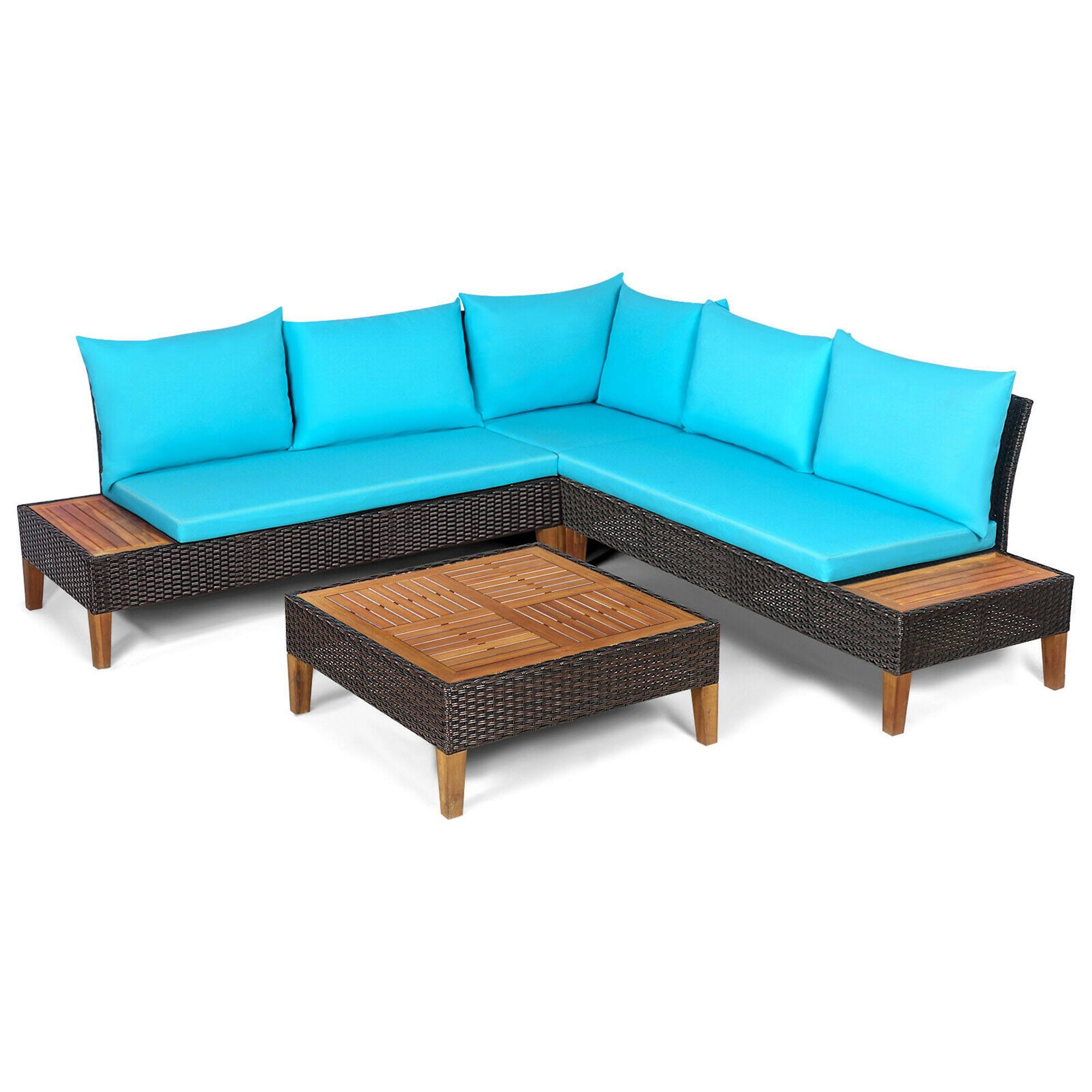 Alt View 1. Gymax - Gymax 4PCS Acacia Wood Patio Furniture Set Rattan Conversation Set w/ Turquoise Cushions - Turquoise.