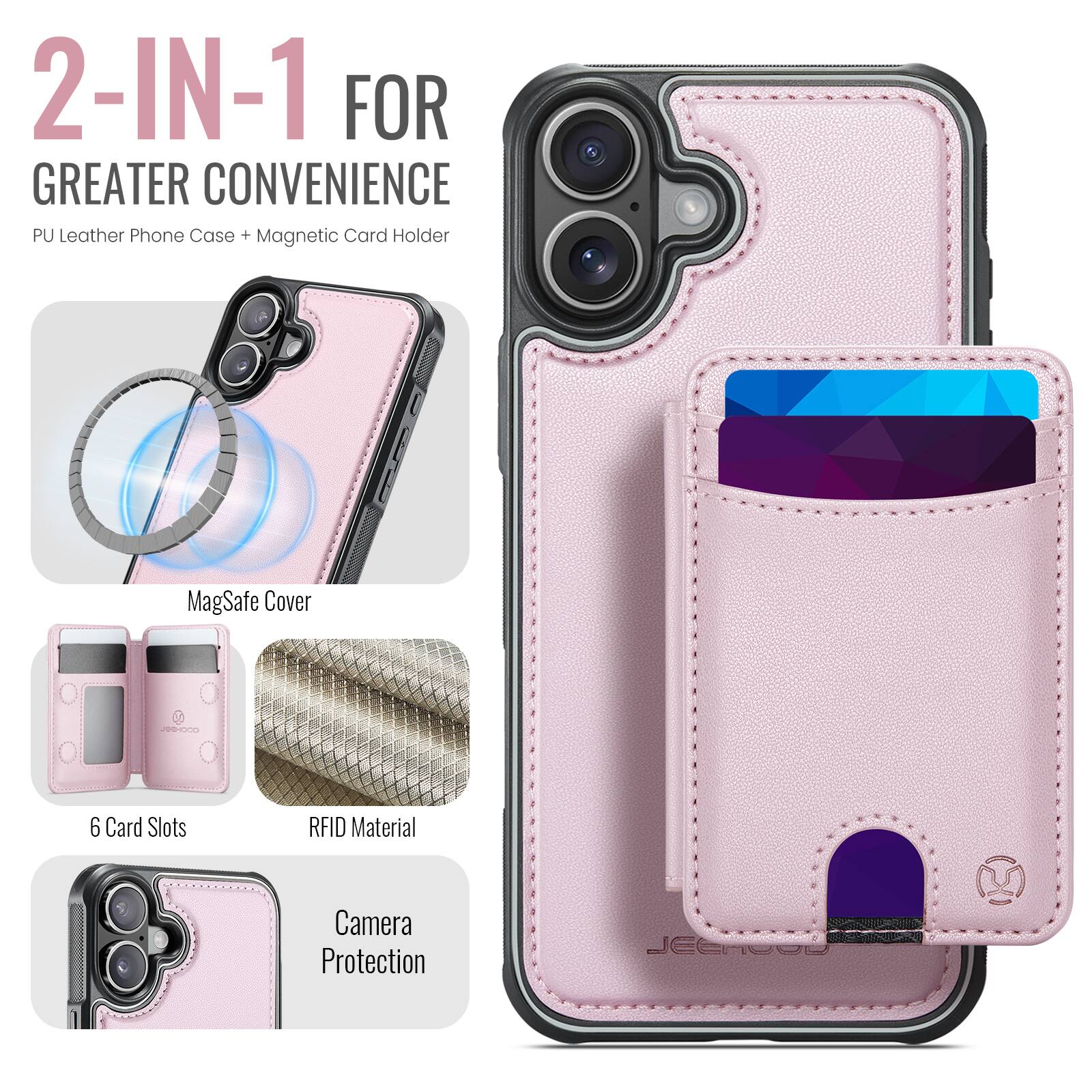 2-IN-1 FOR GREATER CONVENIENCE  
PU Leather Phone Case + Magnetic Card Holder  
MagSafe Cover  
6 Card Slots  
RFID Material  
Camera Protection