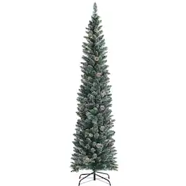 Costway - 7ft Unlit Snowy PVC Artificial Slim Christmas Pencil Tree w/ Pine Cones - Green
