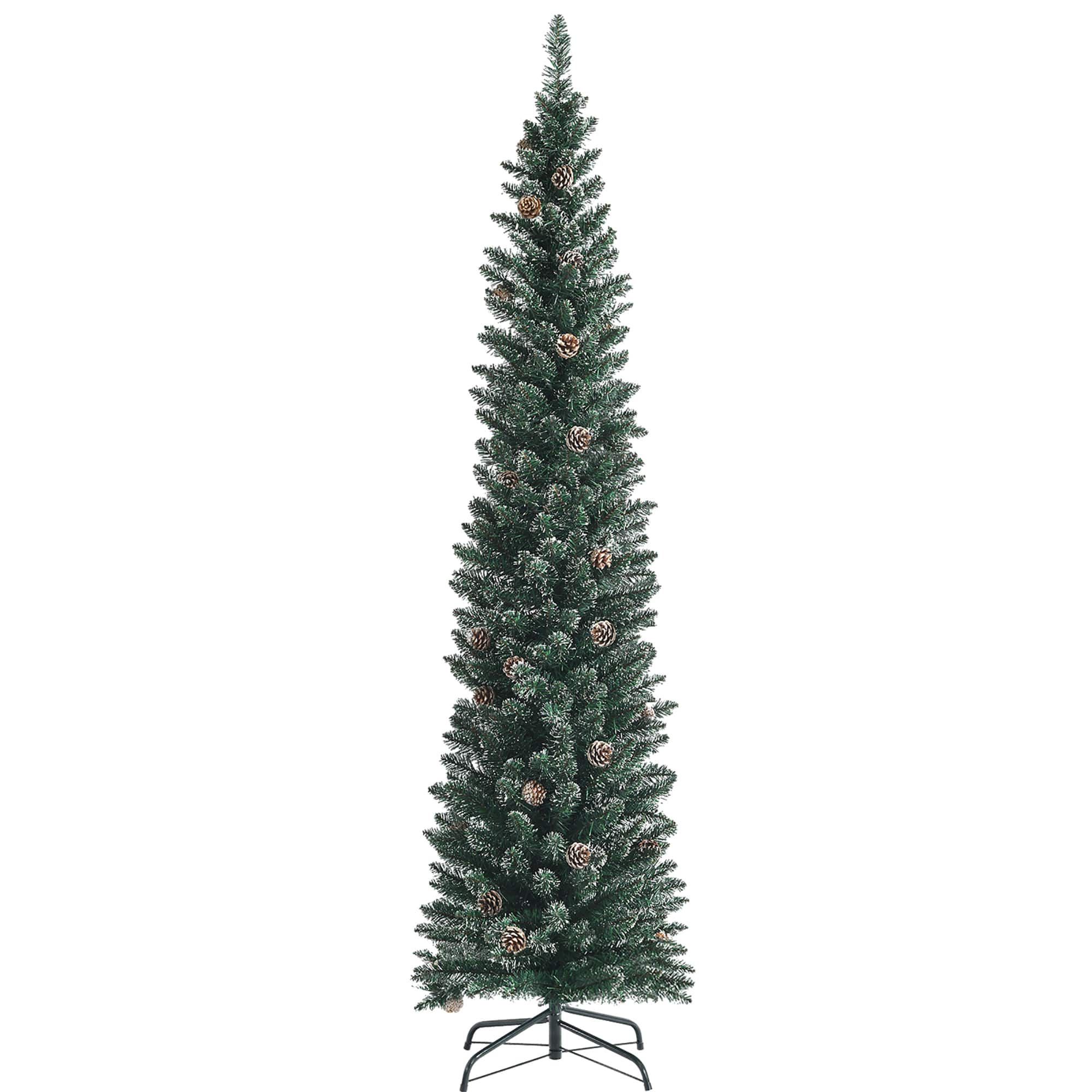 Front. Costway - 7ft Unlit Snowy PVC Artificial Slim Christmas Pencil Tree w/ Pine Cones - Green.