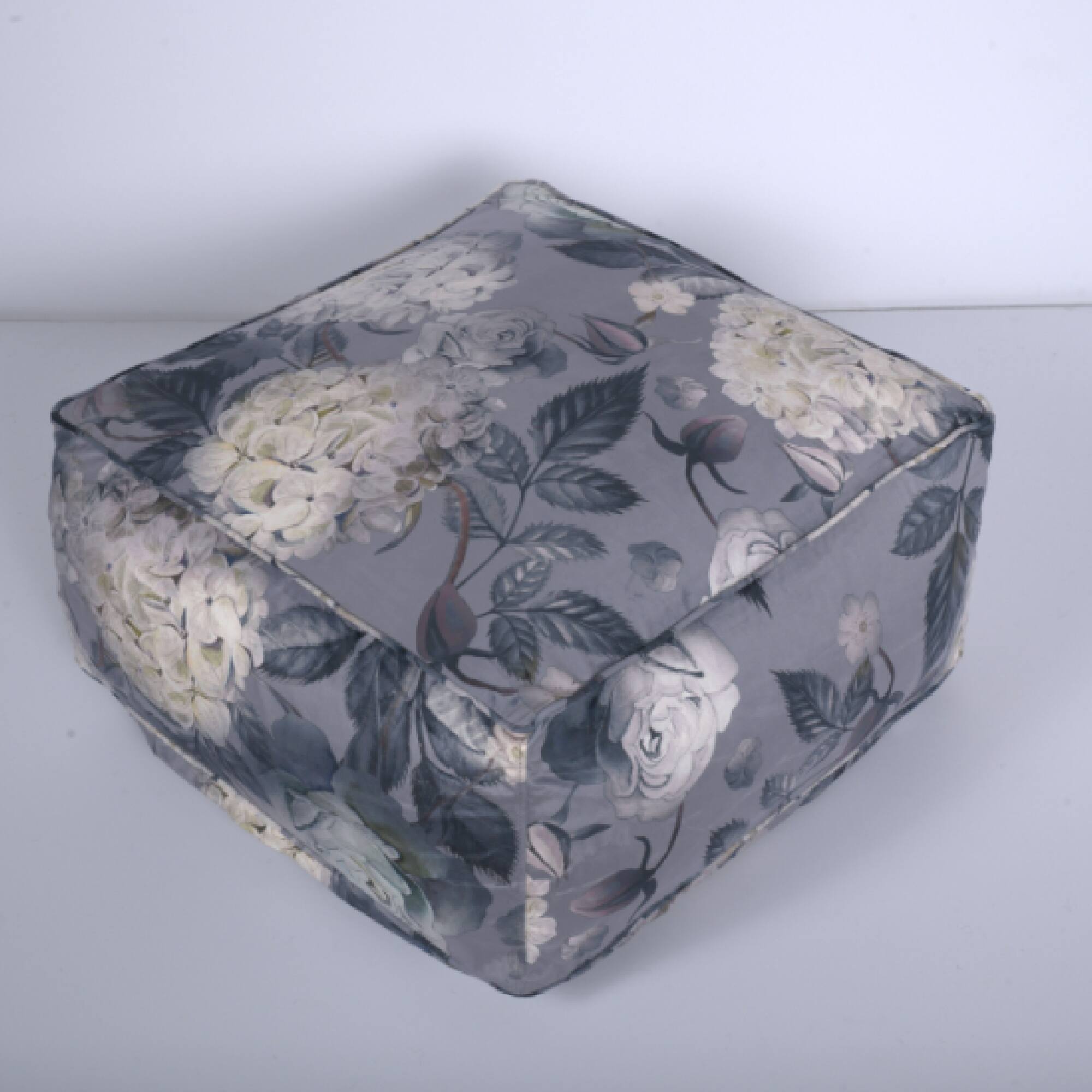 Left. GOODSILO - Large Square Pouf with Floral Design, Versatile Ottoman or Floor Cushion in Soft Velvet Fabric - Gray+Flower.